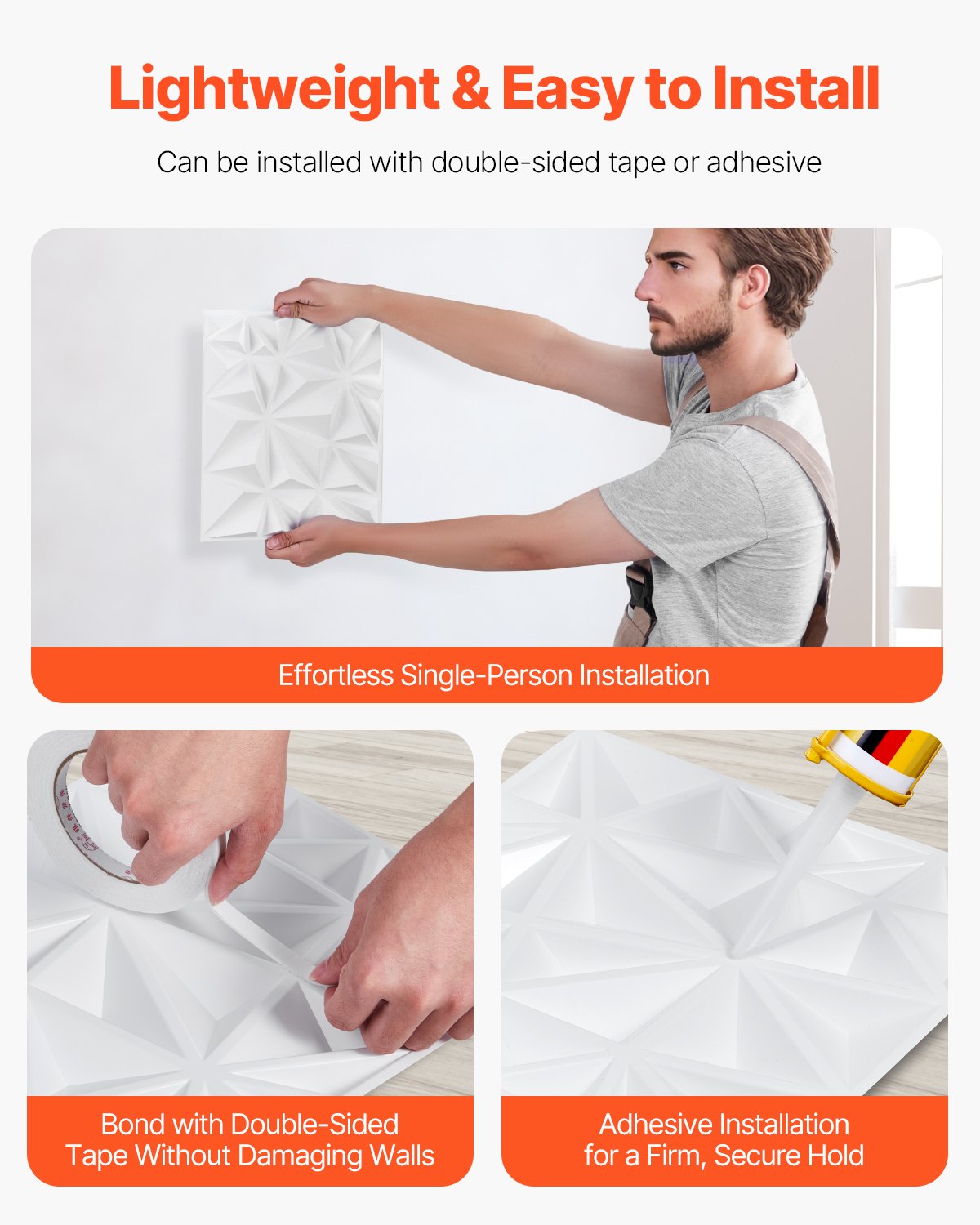 VEVOR 3D Wall Panels 33-Pack 11.81x11.81'' PVC 32 Sq.Ft Coverage Diamond White 