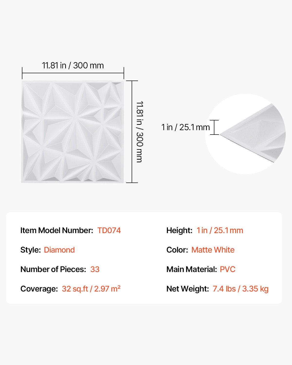 VEVOR 3D Wall Panels 33-Pack 11.81x11.81'' PVC 32 Sq.Ft Coverage Diamond White 