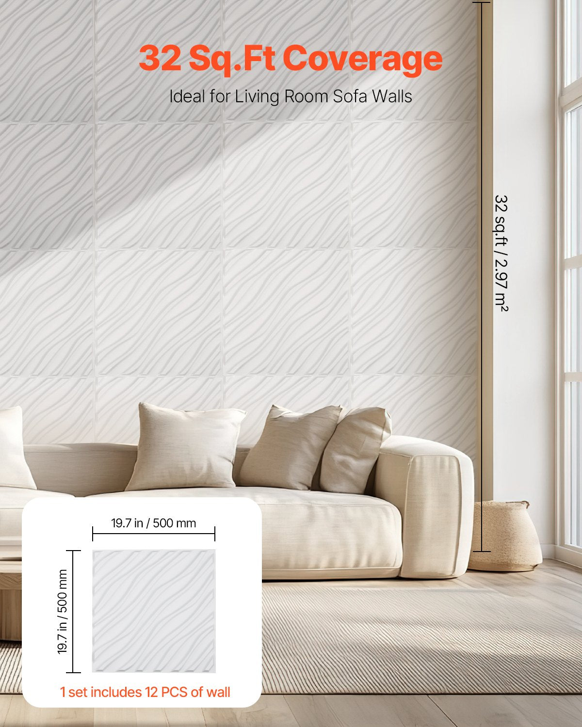 VEVOR 3D Wall Panels 12-Pack 19.7x19.7'' PVC 32 Sq.Ft Coverage Wave Matte White 