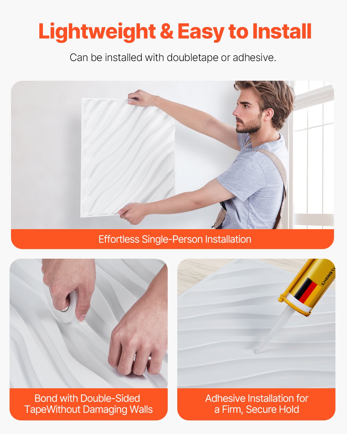 VEVOR 3D Wall Panels 12-Pack 19.7x19.7'' PVC 32 Sq.Ft Coverage Wave Matte White 