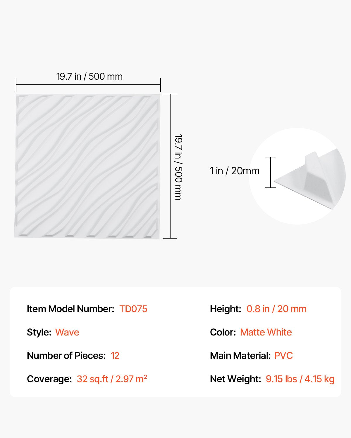 VEVOR 3D Wall Panels 12-Pack 19.7x19.7'' PVC 32 Sq.Ft Coverage Wave Matte White 