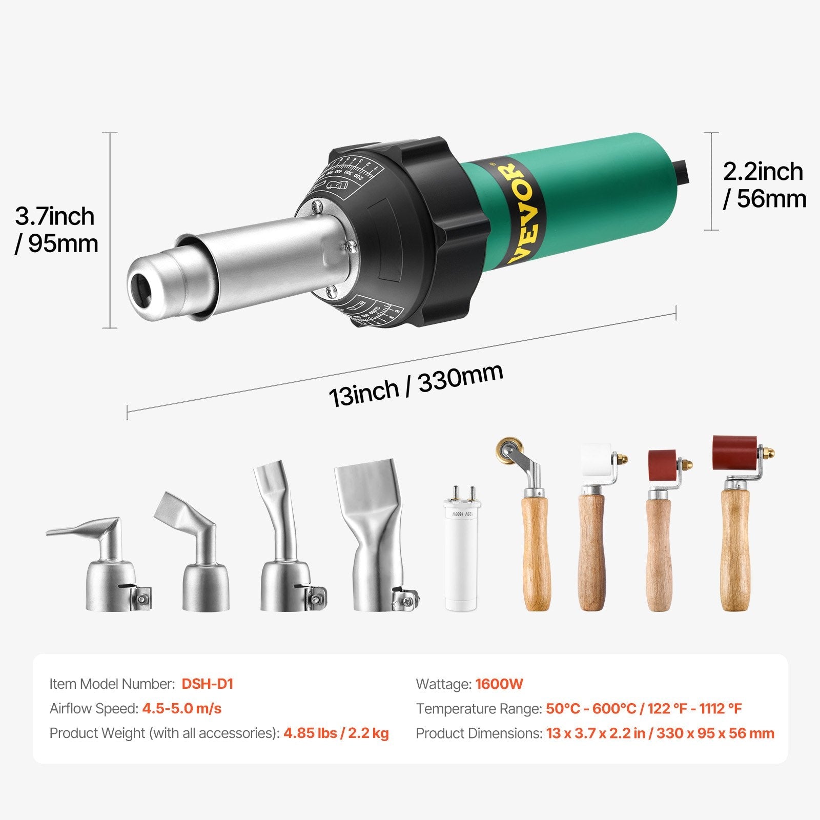 VEVOR Hot Air Plastic Welder 1600W PVC TPO Vinyl Heat Gun Torch & 9 Accessories 