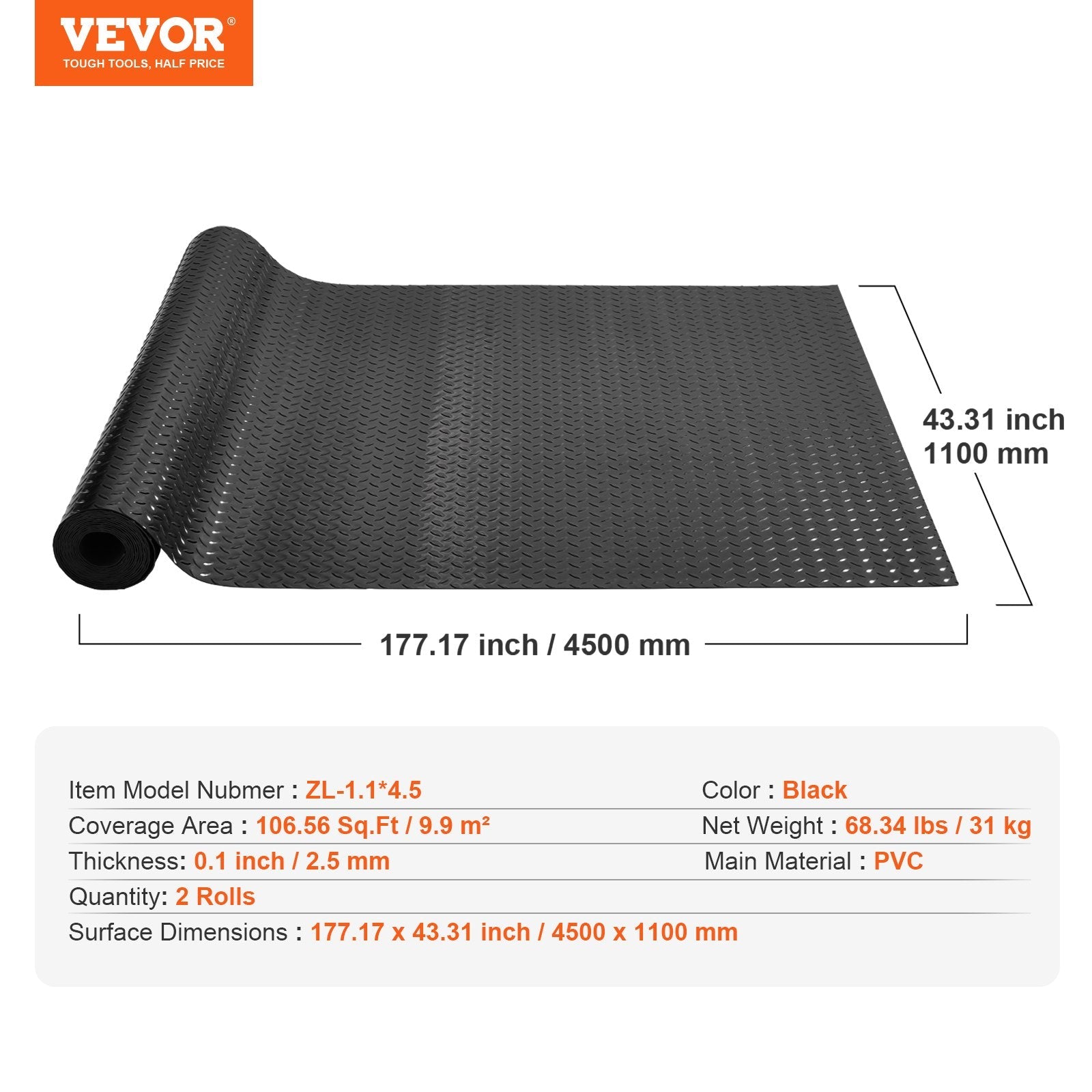 VEVOR Garage Floor Mats 2 Rolls 14.7 x 3.6 Ft Garage Mat 2.5mm Thickness Black Garage Flooring PVC Garage Mats for Under Car 