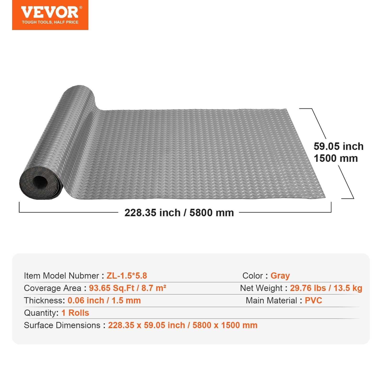 VEVOR Garage Floor Mat 4.9x19ft Vinyl Garage Flooring Roll Anti-Slide Diamond Texture Silver Garage Mats for Under Car 93 sqft Covering Space DIY PVC Garage Floor Mat for Gyms Boats Car Trailer 