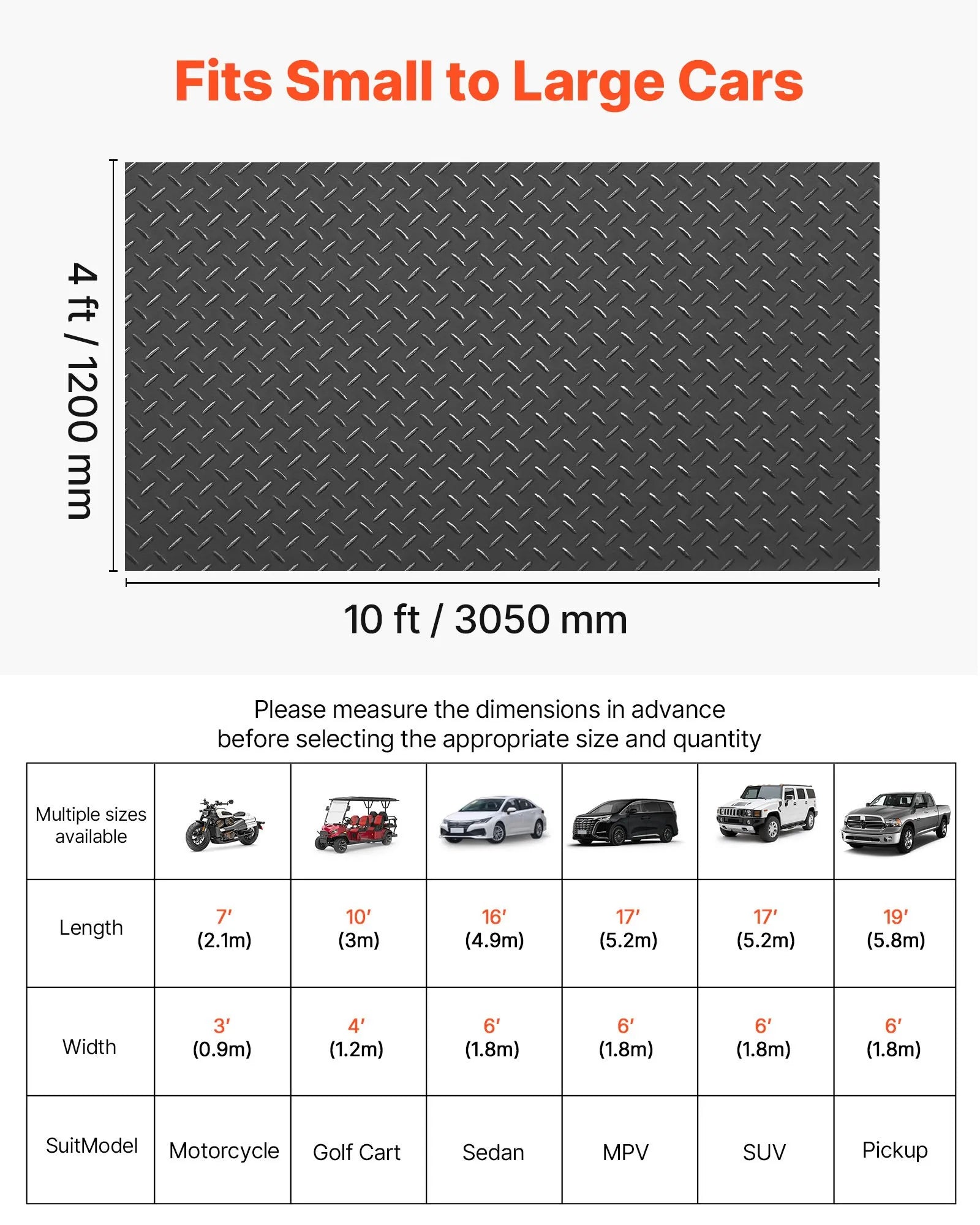 VEVOR Garage Floor Roll, 4 x 10 ft Garage Flooring Mat, 2.2 mm Thickened PVC Diamond Plate Floor Protector Mat with Double-sided Tape, Non-Slip, Easy to Clean for Warehouse, Gyms, Trailer, Black 