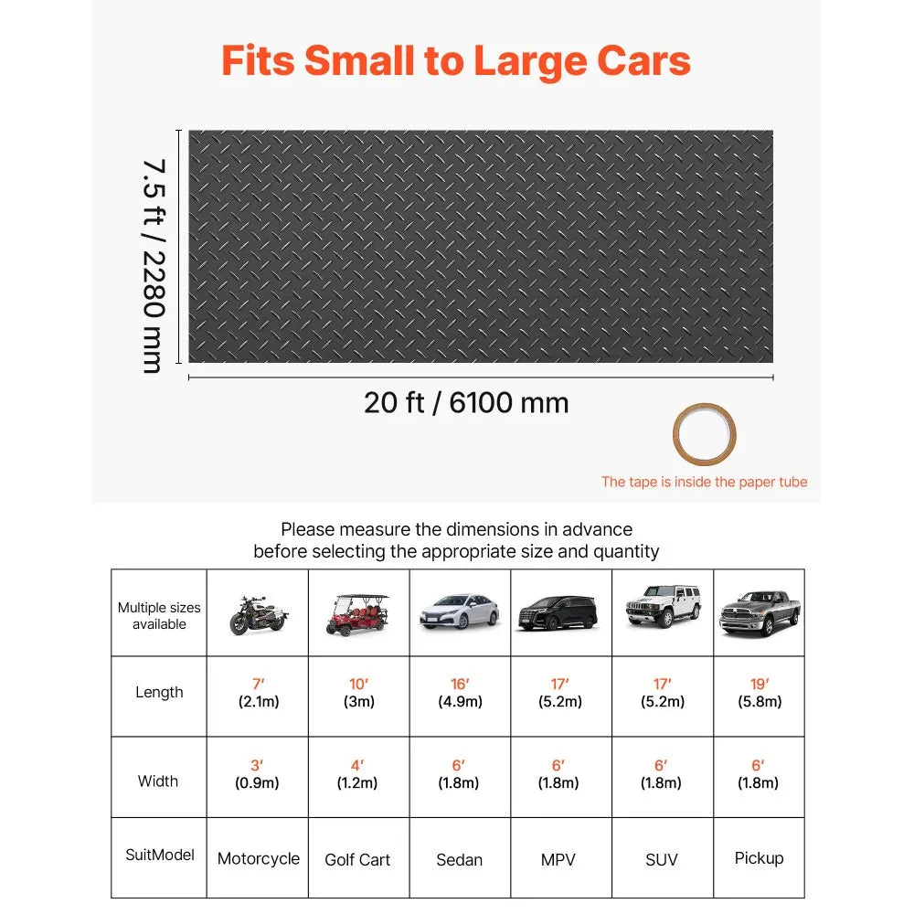 VEVOR Garage Floor Roll, 7.5 x 20 ft Garage Flooring Mat, 2.2 mm Thickened PVC Diamond Plate Floor Protector Mat with Double-sided Tape, Non-Slip, Easy to Clean for Warehouse, Gyms, Trailer, Black 