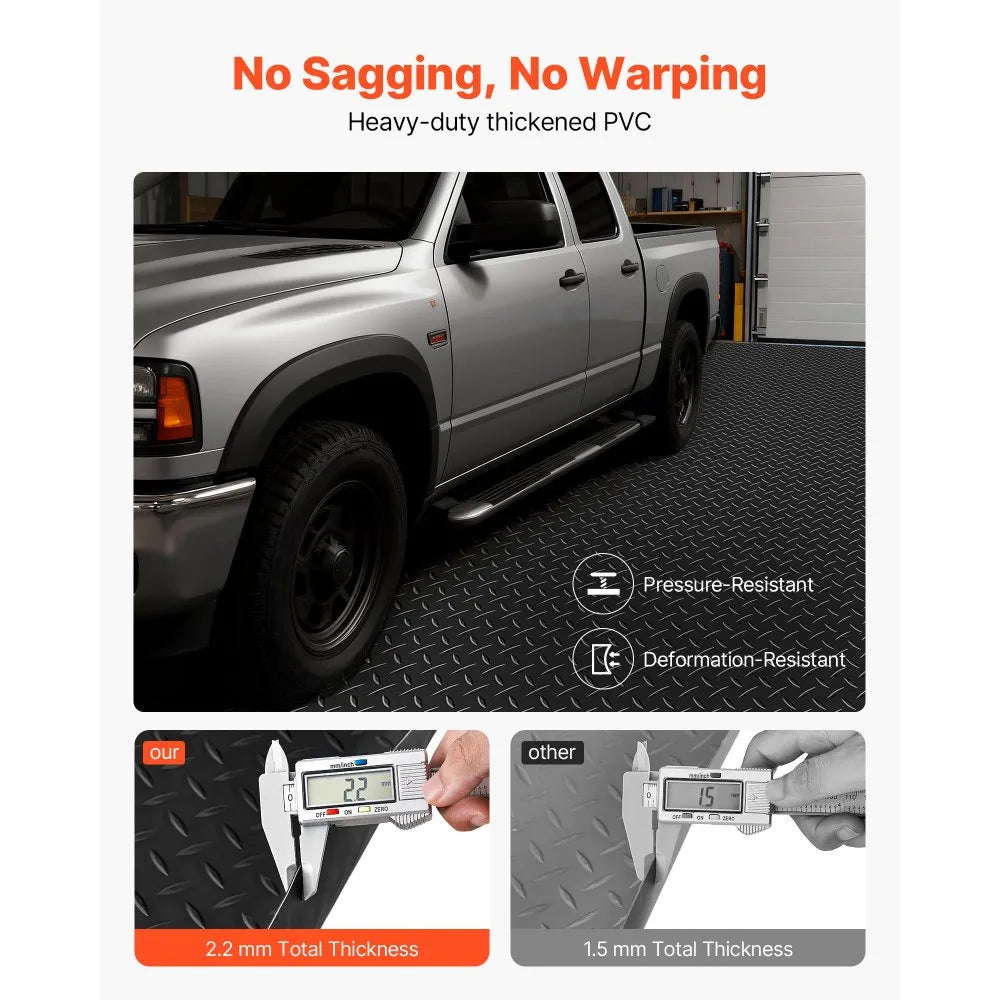 VEVOR Garage Floor Roll, 7.5 x 20 ft Garage Flooring Mat, 2.2 mm Thickened PVC Diamond Plate Floor Protector Mat with Double-sided Tape, Non-Slip, Easy to Clean for Warehouse, Gyms, Trailer, Black 