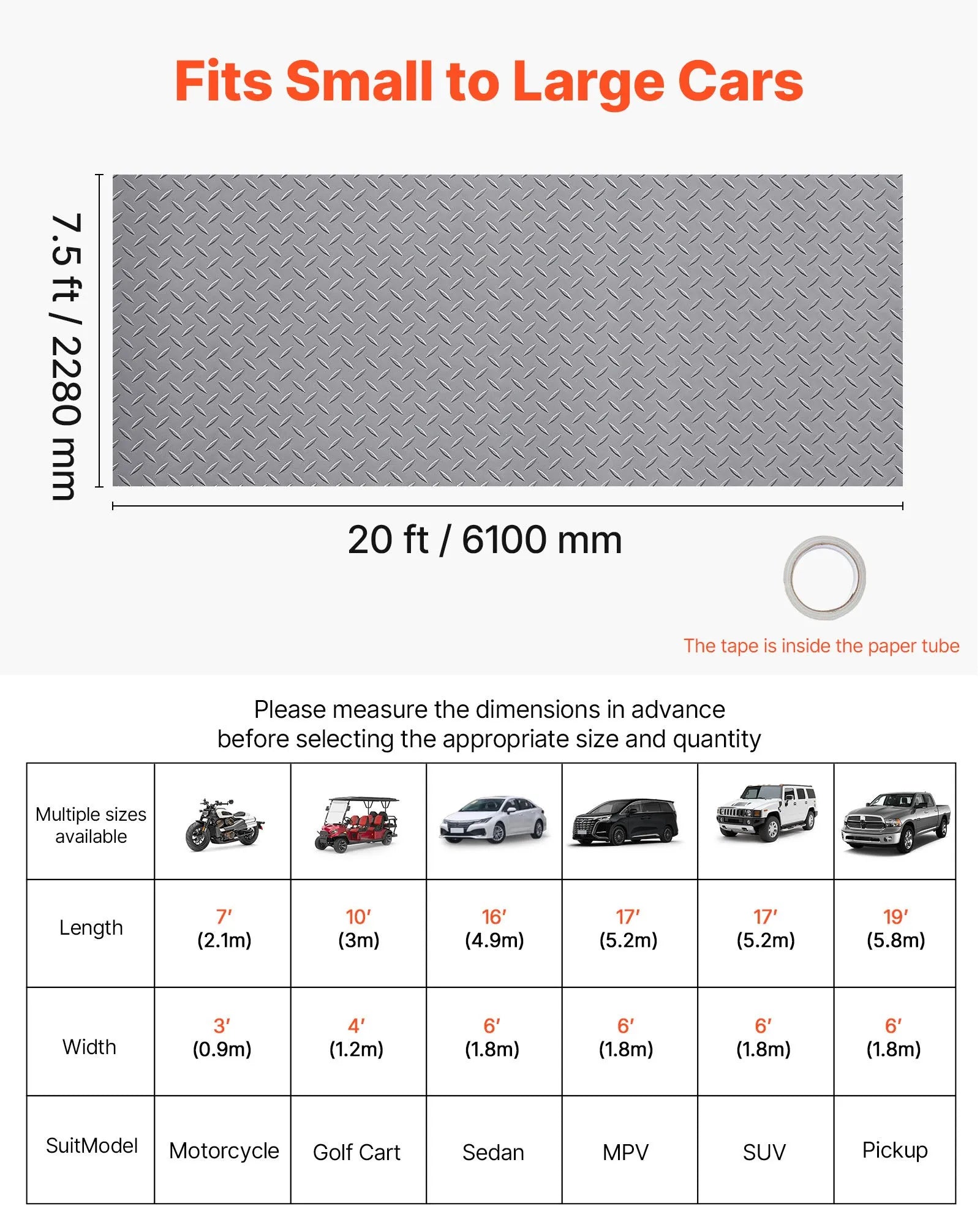 VEVOR Garage Floor Roll, 7.5 x 20 ft Garage Flooring Mat, 2.2 mm Thickened PVC Diamond Plate Floor Protector Mat with Double-sided Tape, Non-Slip, Easy to Clean for Warehouse, Gyms,Silver Gray 