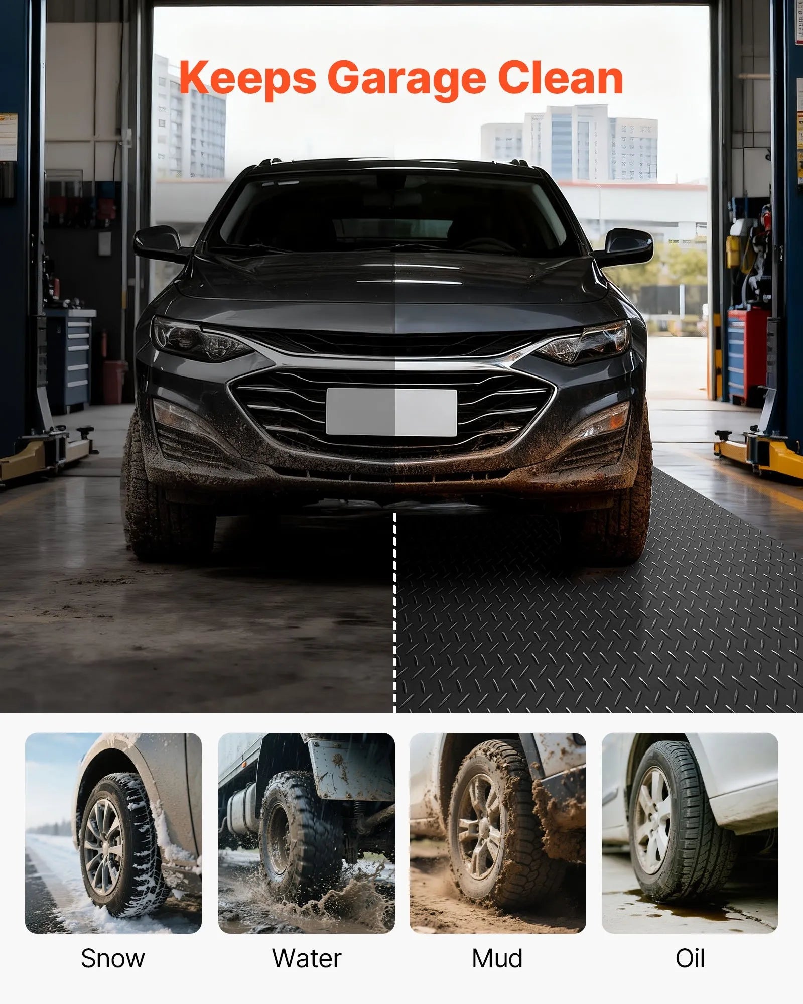 VEVOR Garage Floor Roll, 7.5 x 17 ft Garage Flooring Mat, 2.2 mm Thickened PVC Diamond Plate Floor Protector Mat with Double-sided Tape, Non-Slip, Easy to Clean for Warehouse, Gyms, Trailer, Black 