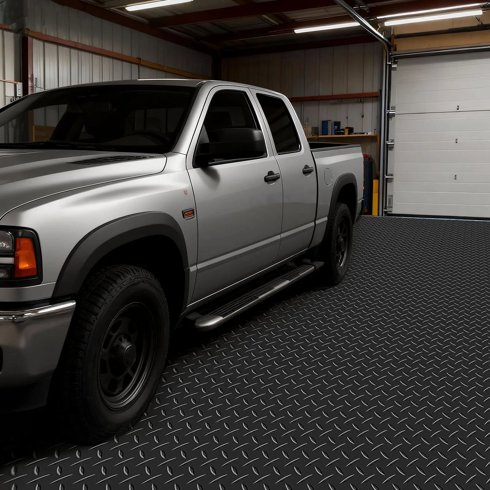 VEVOR Garage Floor Roll, 7.5 x 17 ft Garage Flooring Mat, 2.2 mm Thickened PVC Diamond Plate Floor Protector Mat with Double-sided Tape, Non-Slip, Easy to Clean for Warehouse, Gyms, Trailer, Black 