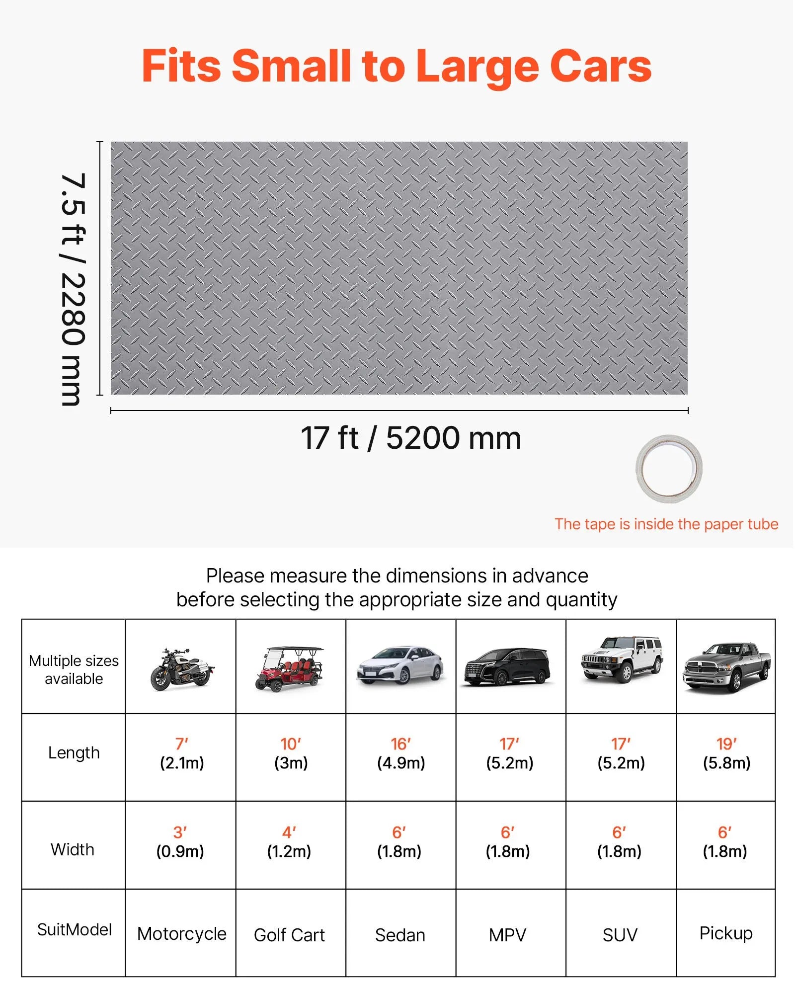 VEVOR Garage Floor Roll, 7.5 x 17 ft Garage Flooring Mat, 2.2 mm Thickened PVC Diamond Plate Floor Protector Mat with Double-sided Tape, Non-Slip, Easy to Clean for Warehouse, Gyms,Silver Gray 