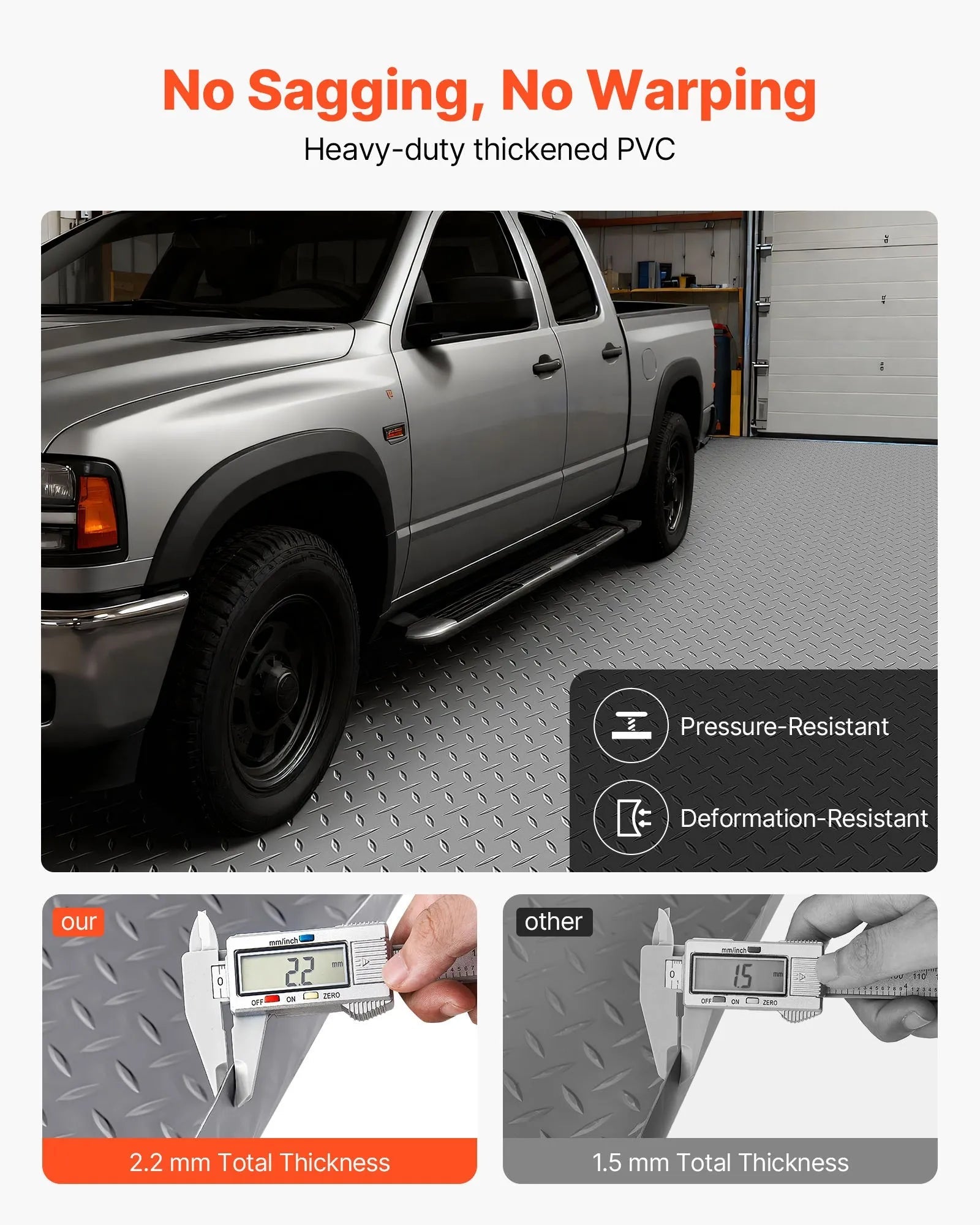 VEVOR Garage Floor Roll, 7.5 x 17 ft Garage Flooring Mat, 2.2 mm Thickened PVC Diamond Plate Floor Protector Mat with Double-sided Tape, Non-Slip, Easy to Clean for Warehouse, Gyms,Silver Gray 