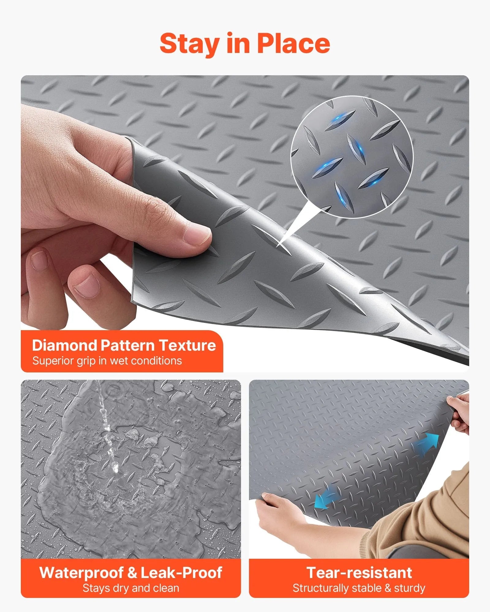 VEVOR Garage Floor Roll, 7.5 x 17 ft Garage Flooring Mat, 2.2 mm Thickened PVC Diamond Plate Floor Protector Mat with Double-sided Tape, Non-Slip, Easy to Clean for Warehouse, Gyms,Silver Gray 