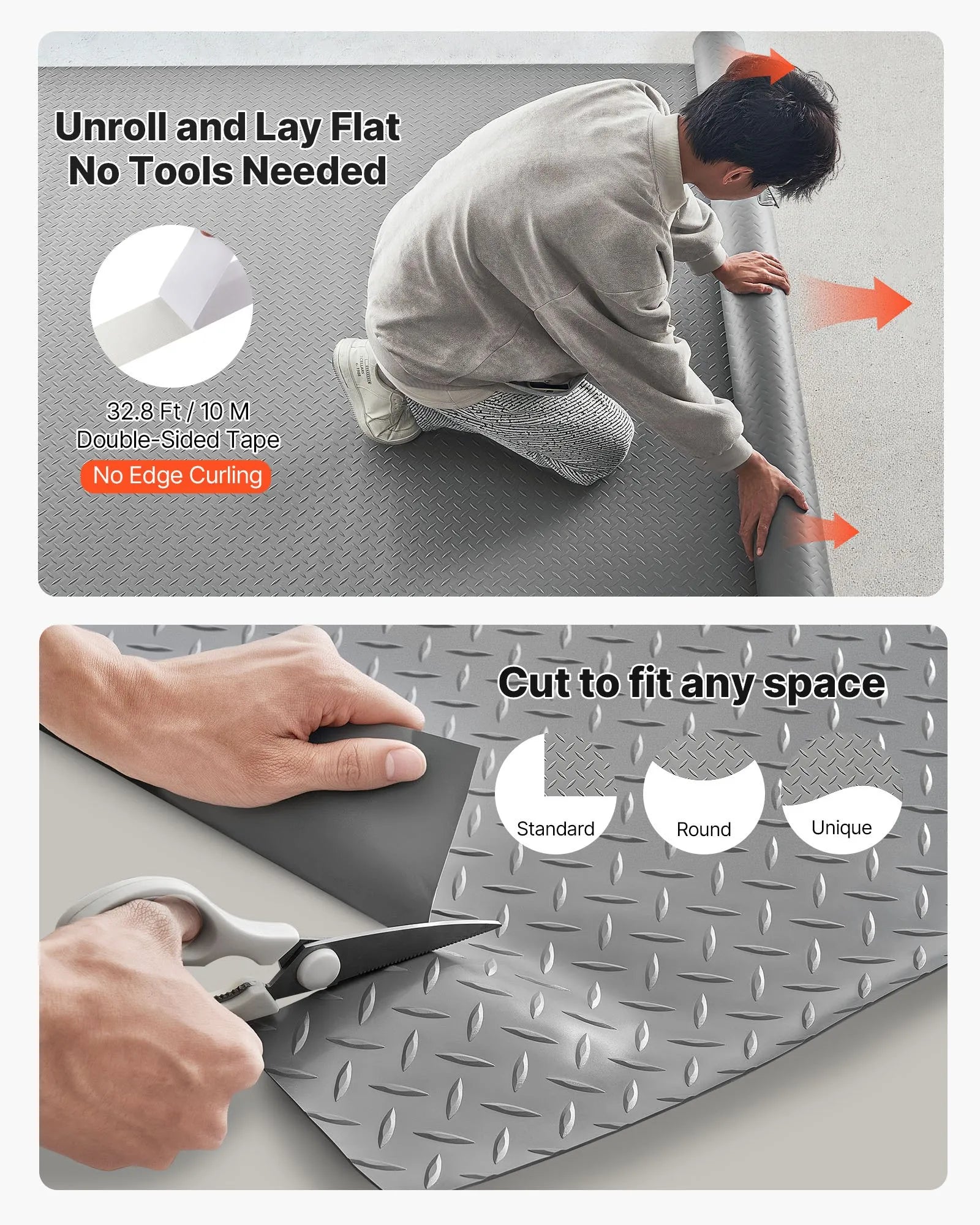 VEVOR Garage Floor Roll, 7.5 x 17 ft Garage Flooring Mat, 2.2 mm Thickened PVC Diamond Plate Floor Protector Mat with Double-sided Tape, Non-Slip, Easy to Clean for Warehouse, Gyms,Silver Gray 