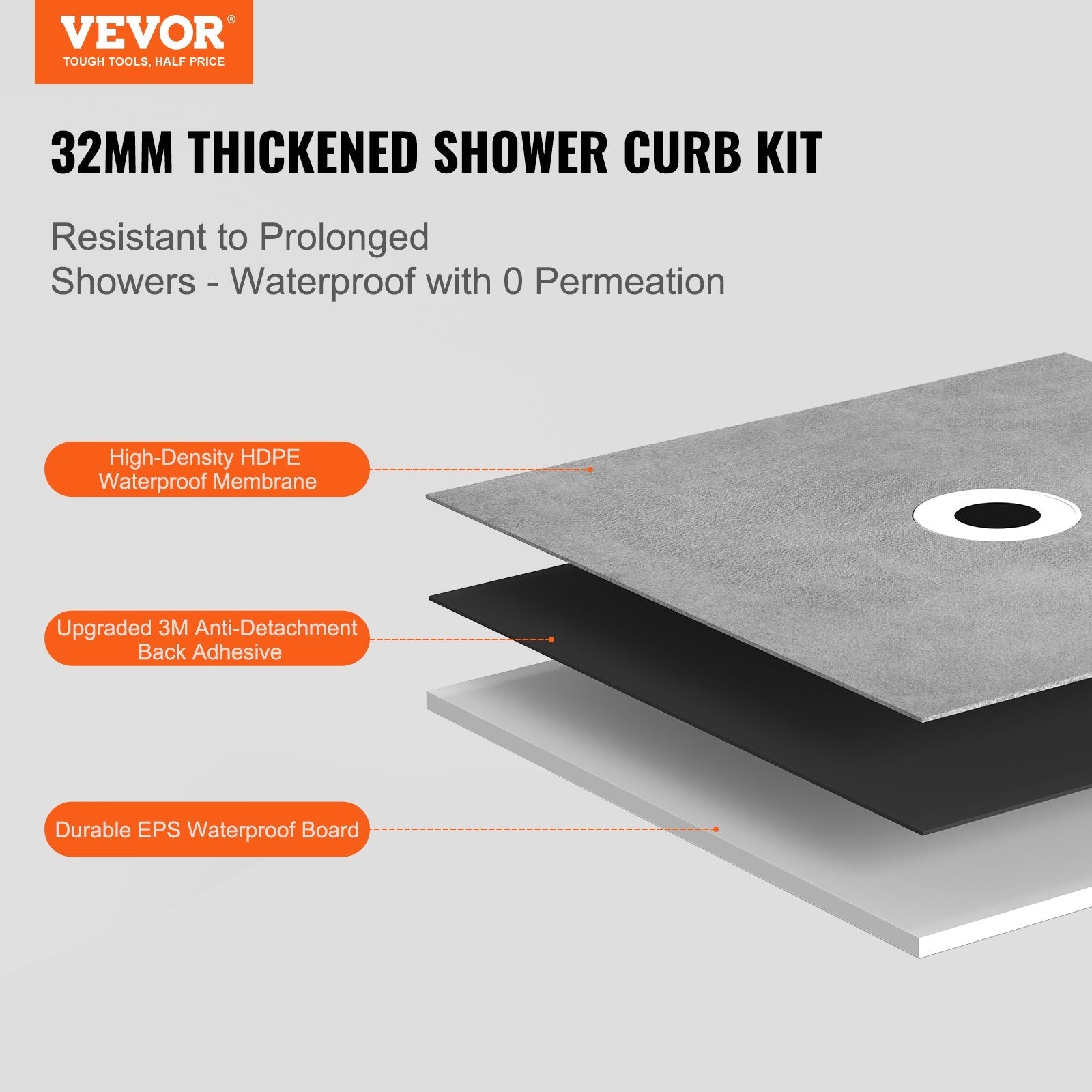 VEVOR Shower Curb Kit, 72"x72" Shower Pan Kit with 2" PVC Central Flange, 4" Stainless Steel Grate, Waterproof Shower Curb & Membrane & Strip, Shower Pan Slope Sticks Fit for Bathroom 