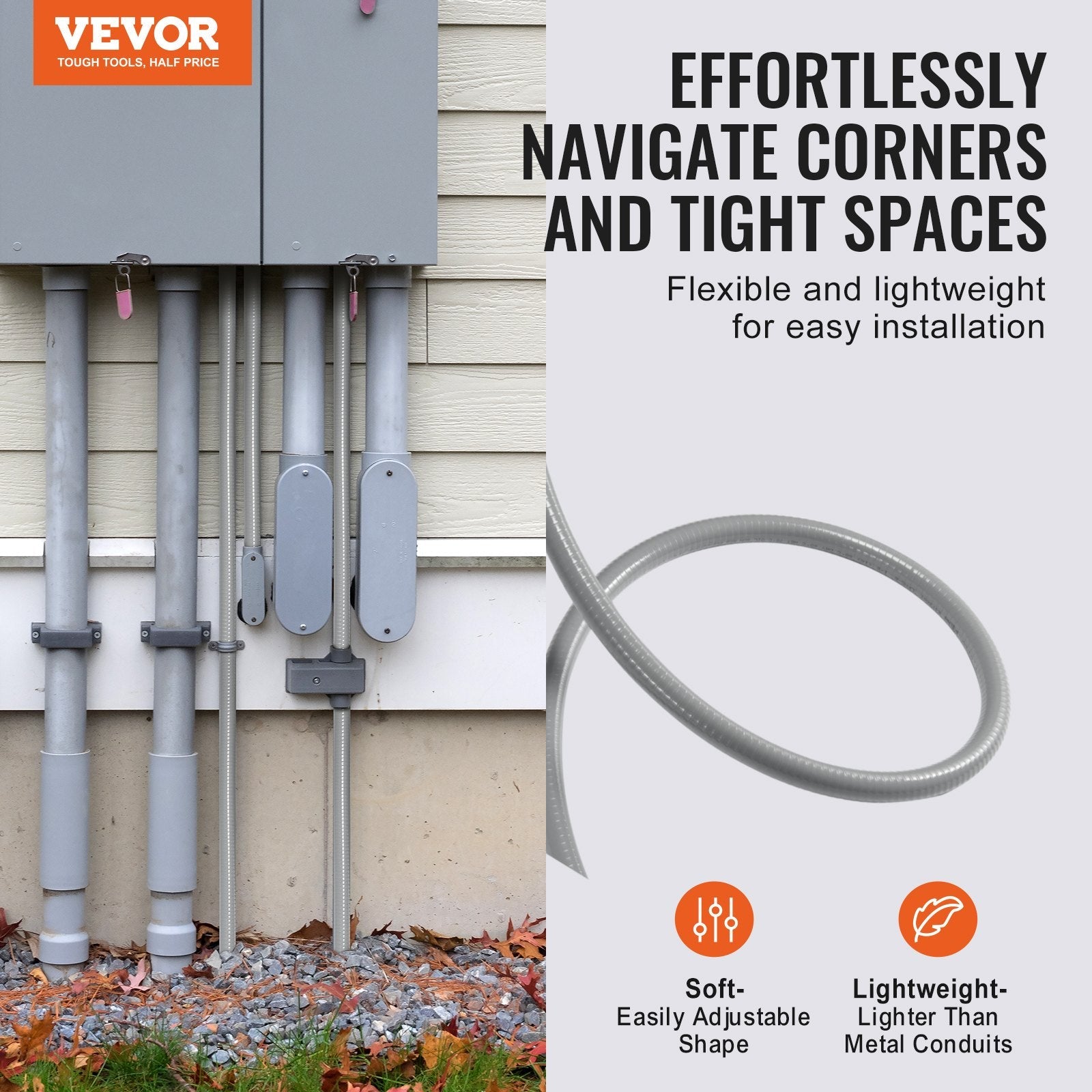 VEVOR 1/2-Inch Flexible Electrical Conduit, 100 ft, PVC Liquid-Tight Conduit Non-Metallic with 5 Straight and 5 90-Degree Conduit Connector Fittings, for Air Conditioning Motor Controller Pump, IP65 