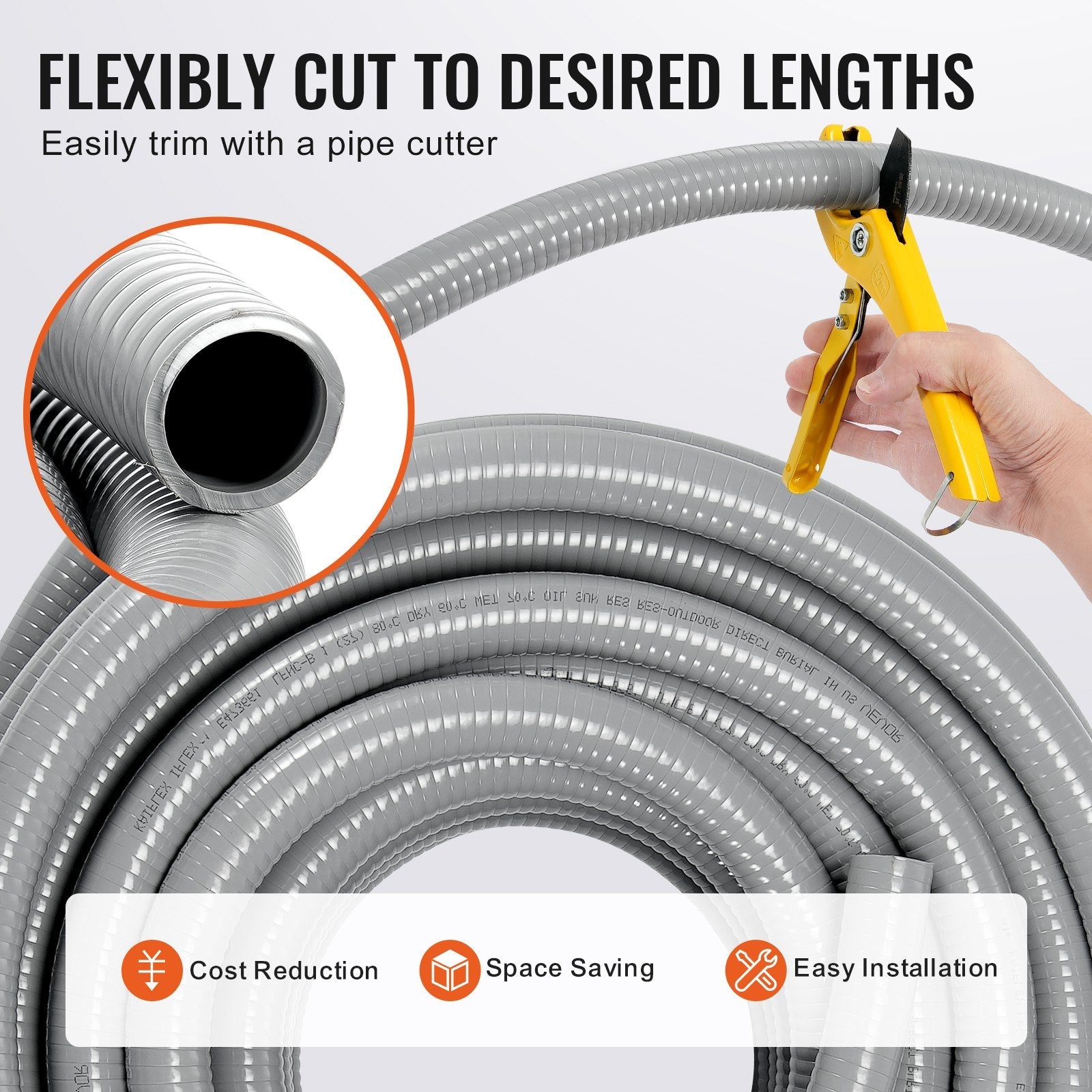 VEVOR 1/2-Inch Flexible Electrical Conduit, 100 ft, PVC Liquid-Tight Conduit Non-Metallic with 5 Straight and 5 90-Degree Conduit Connector Fittings, for Air Conditioning Motor Controller Pump, IP65 