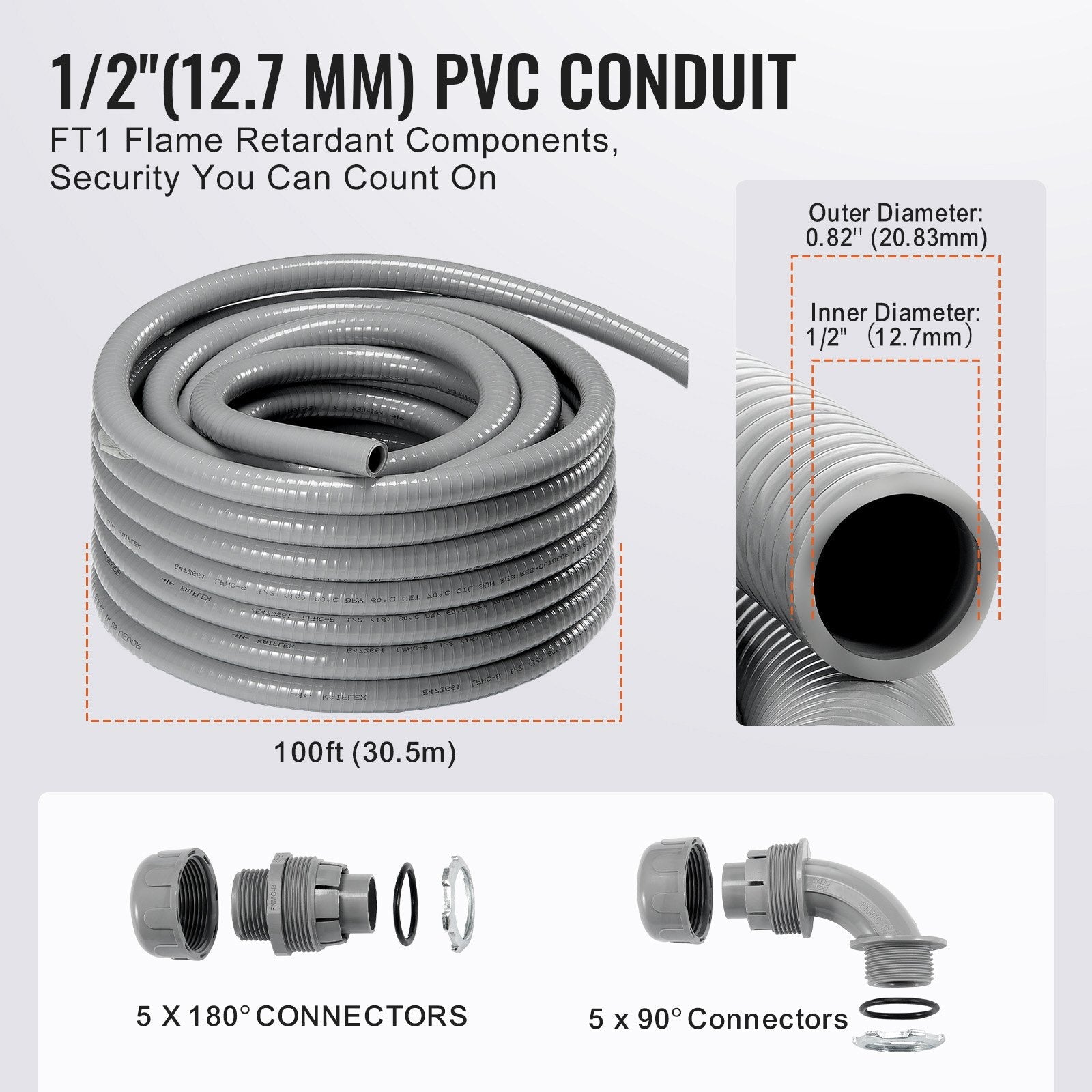 VEVOR 1/2-Inch Flexible Electrical Conduit, 100 ft, PVC Liquid-Tight Conduit Non-Metallic with 5 Straight and 5 90-Degree Conduit Connector Fittings, for Air Conditioning Motor Controller Pump, IP65 