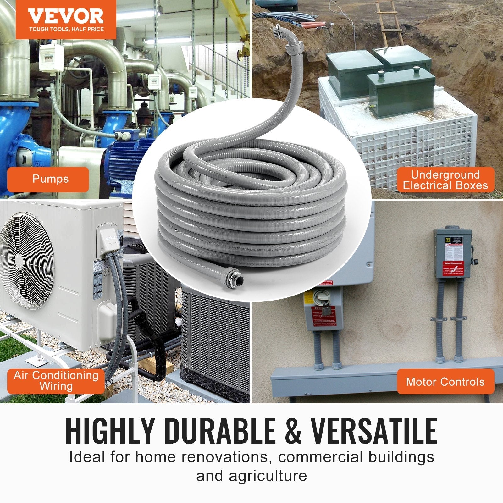 VEVOR 1/2-Inch Flexible Electrical Conduit, 100 ft, PVC Liquid-Tight Conduit Non-Metallic with 5 Straight and 5 90-Degree Conduit Connector Fittings, for Air Conditioning Motor Controller Pump, IP65 