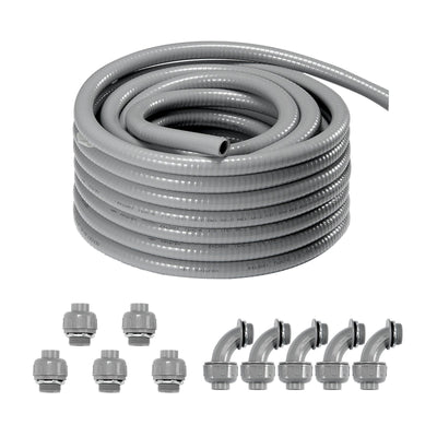VEVOR 1/2-Inch Flexible Electrical Conduit, 100 ft, PVC Liquid-Tight Conduit Non-Metallic with 5 Straight and 5 90-Degree Conduit Connector Fittings, for Air Conditioning Motor Controller Pump, IP65 