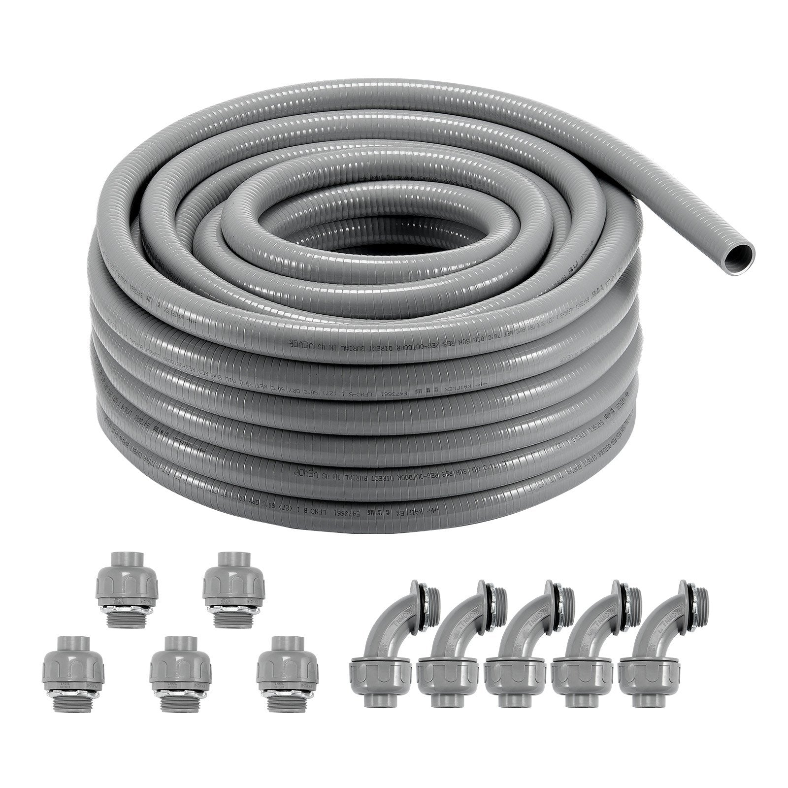 VEVOR 1/2-Inch Flexible Electrical Conduit, 100 ft, PVC Liquid-Tight Conduit Non-Metallic with 5 Straight and 5 90-Degree Conduit Connector Fittings, for Air Conditioning Motor Controller Pump, IP65 