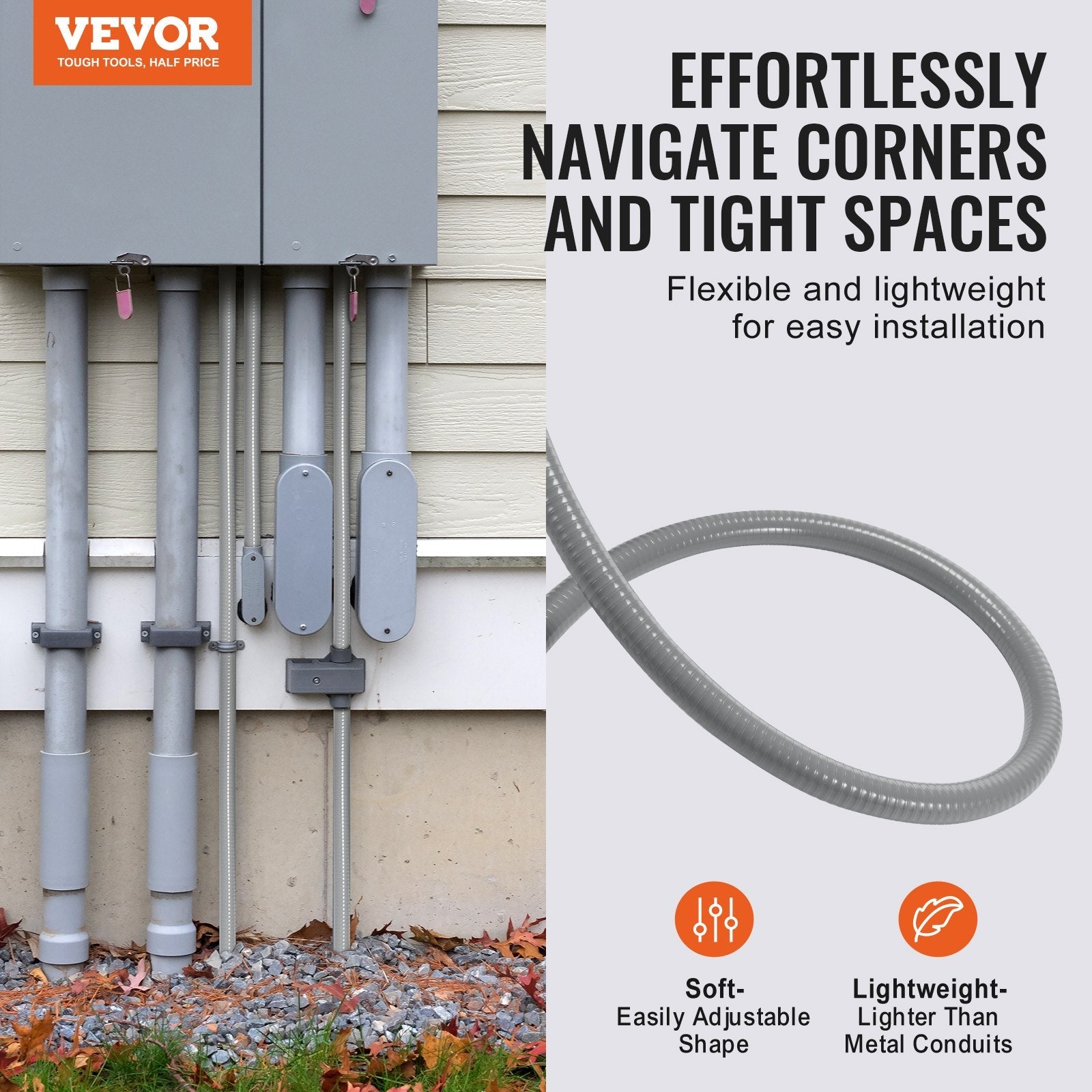 VEVOR 3/4-Inch Flexible Electrical Conduit, 100 ft, PVC Liquid-Tight Conduit Non-Metallic with 5 Straight and 5 90-Degree Conduit Connector Fittings, for Air Conditioning Motor Controller Pump, IP65 