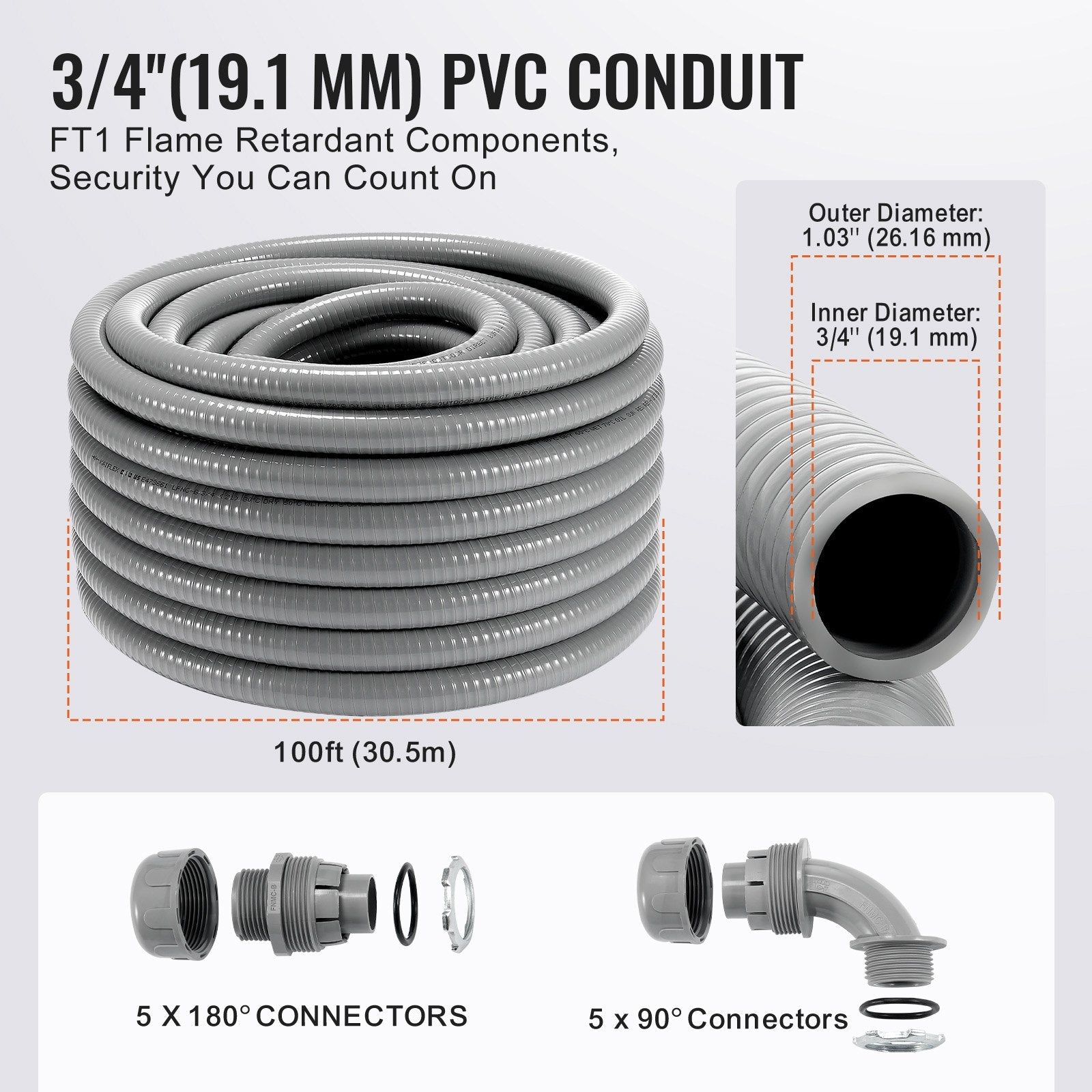 VEVOR 3/4-Inch Flexible Electrical Conduit, 100 ft, PVC Liquid-Tight Conduit Non-Metallic with 5 Straight and 5 90-Degree Conduit Connector Fittings, for Air Conditioning Motor Controller Pump, IP65 