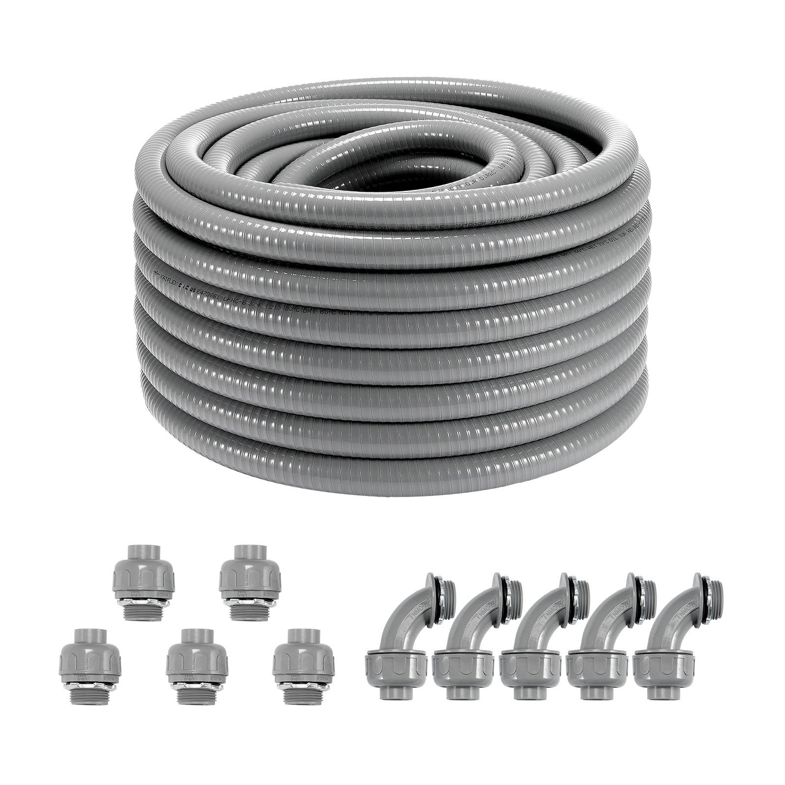 VEVOR 3/4-Inch Flexible Electrical Conduit, 100 ft, PVC Liquid-Tight Conduit Non-Metallic with 5 Straight and 5 90-Degree Conduit Connector Fittings, for Air Conditioning Motor Controller Pump, IP65 