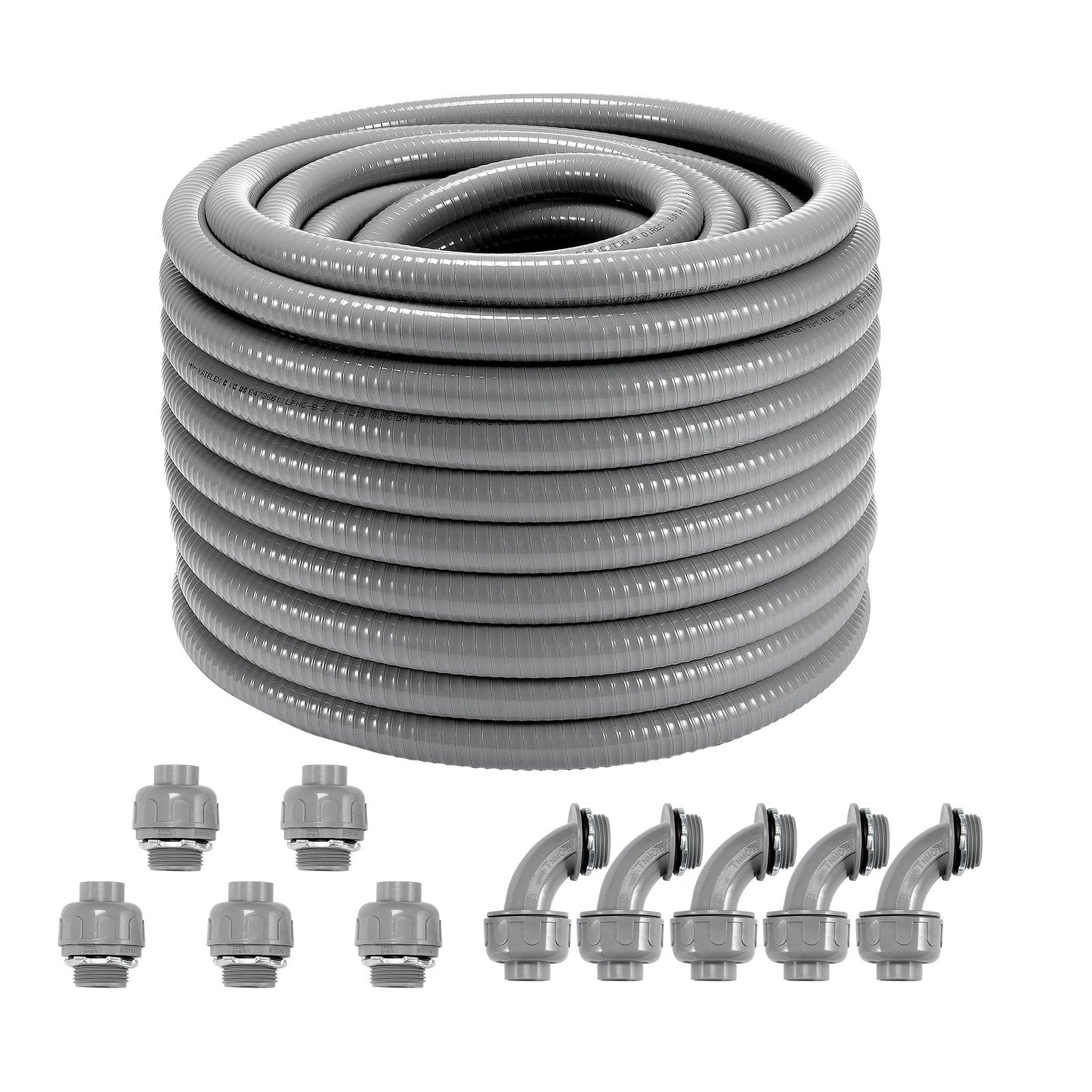 VEVOR 3/4-Inch Flexible Electrical Conduit, 100 ft, PVC Liquid-Tight Conduit Non-Metallic with 5 Straight and 5 90-Degree Conduit Connector Fittings, for Air Conditioning Motor Controller Pump, IP65 