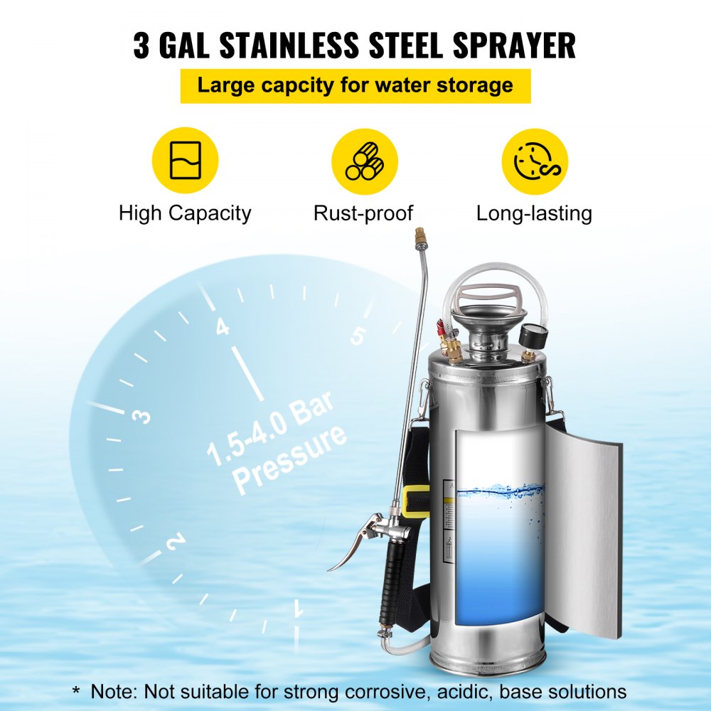 VEVOR 3Gal Stainless Steel Sprayer, Set with 20’’ Wand& Handle& 3FT Reinforced Hose, Hand Pump Sprayer with Pressure Gauge&Safety Valve, Adjustable Nozzle Suitable for Gardening and Sanitizing 