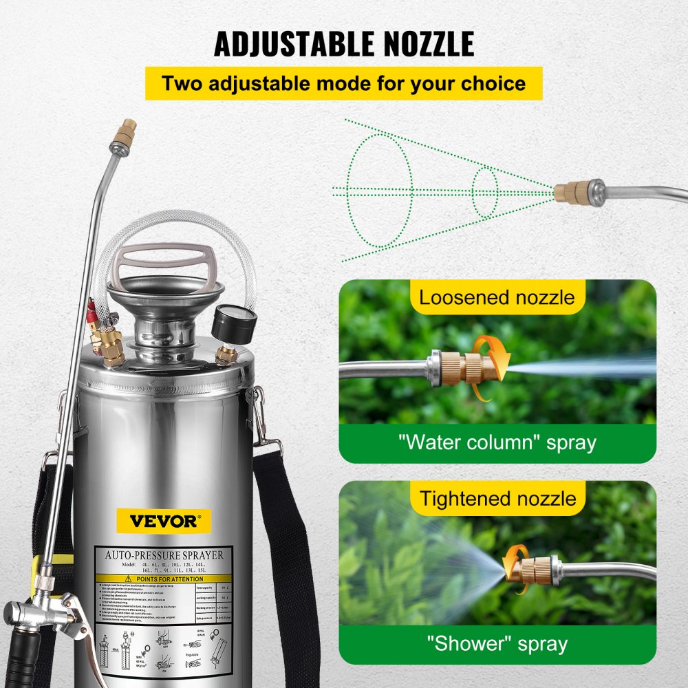 VEVOR 3Gal Stainless Steel Sprayer, Set with 20’’ Wand& Handle& 3FT Reinforced Hose, Hand Pump Sprayer with Pressure Gauge&Safety Valve, Adjustable Nozzle Suitable for Gardening and Sanitizing 