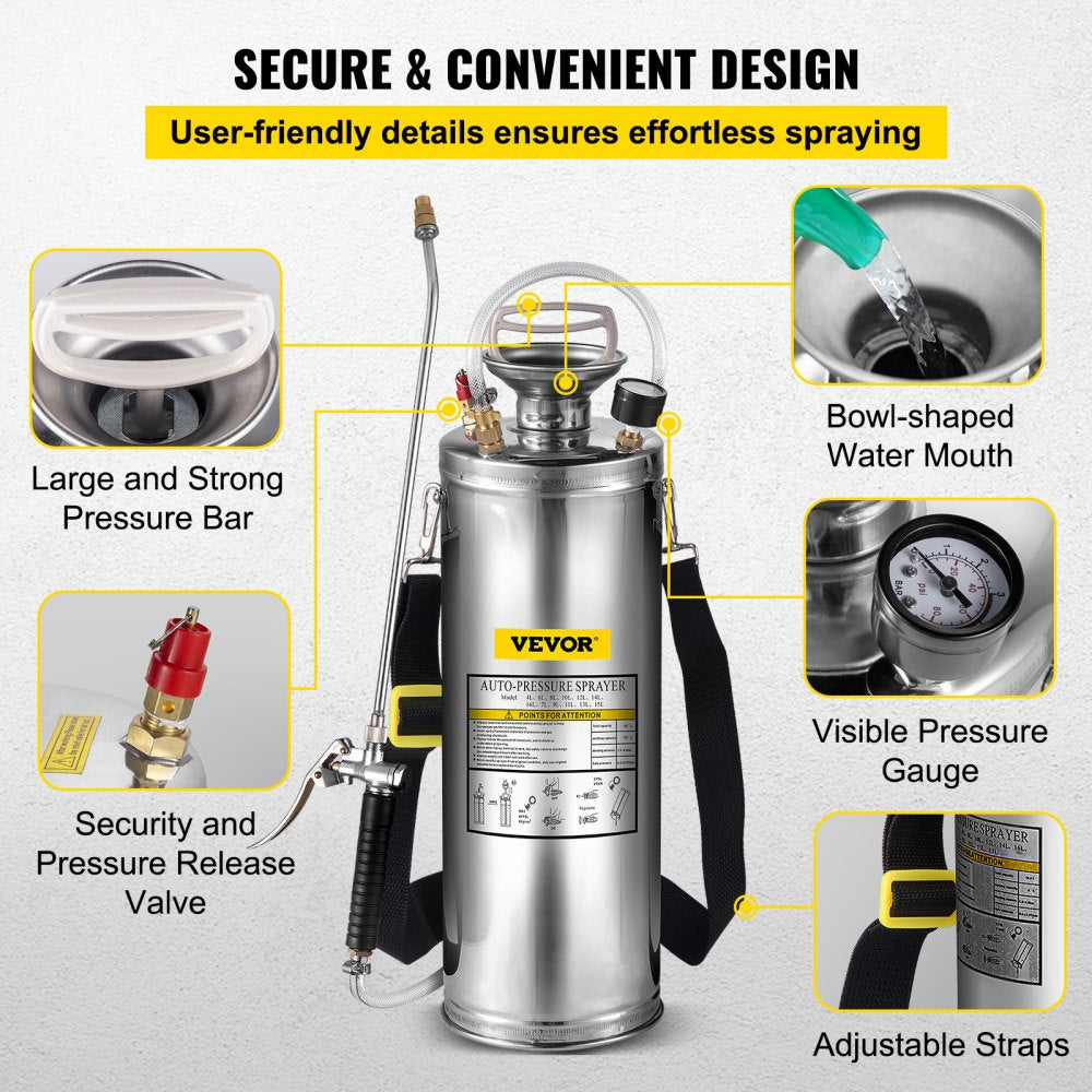 VEVOR 3Gal Stainless Steel Sprayer, Set with 20’’ Wand& Handle& 3FT Reinforced Hose, Hand Pump Sprayer with Pressure Gauge&Safety Valve, Adjustable Nozzle Suitable for Gardening and Sanitizing 