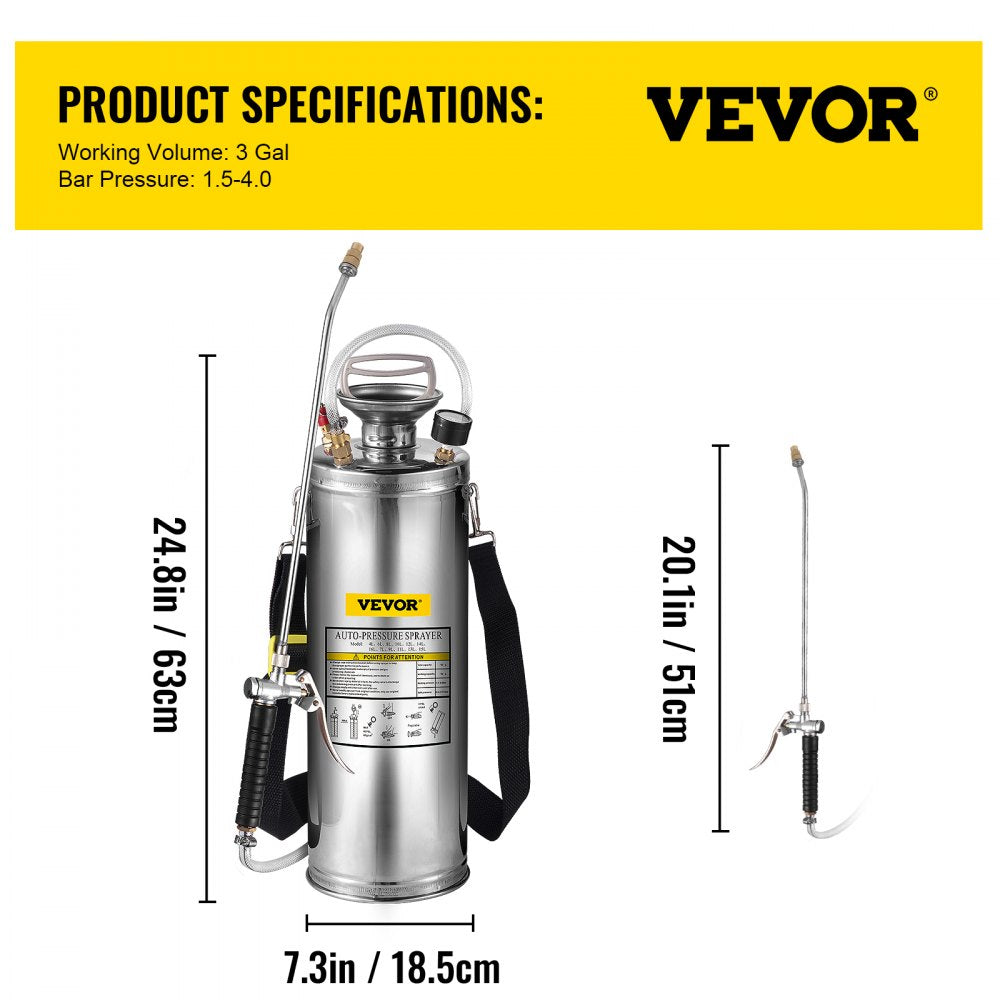 VEVOR 3Gal Stainless Steel Sprayer, Set with 20’’ Wand& Handle& 3FT Reinforced Hose, Hand Pump Sprayer with Pressure Gauge&Safety Valve, Adjustable Nozzle Suitable for Gardening and Sanitizing 