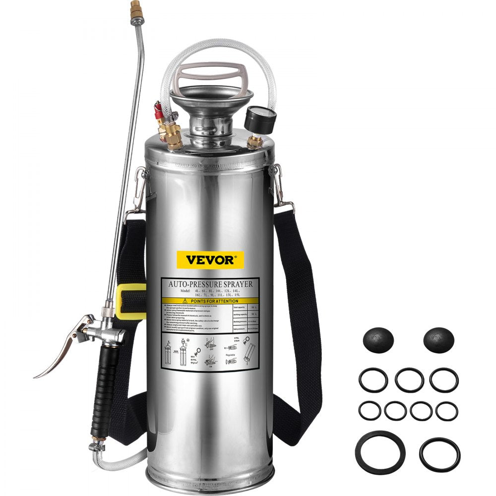 VEVOR 3Gal Stainless Steel Sprayer, Set with 20’’ Wand& Handle& 3FT Reinforced Hose, Hand Pump Sprayer with Pressure Gauge&Safety Valve, Adjustable Nozzle Suitable for Gardening and Sanitizing 