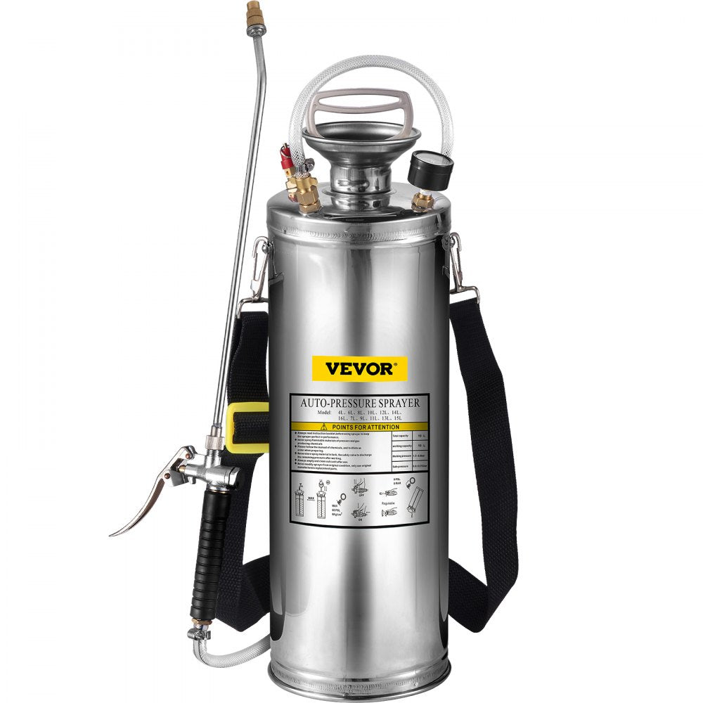 VEVOR 3Gal Stainless Steel Sprayer, Set with 20’’ Wand& Handle& 3FT Reinforced Hose, Hand Pump Sprayer with Pressure Gauge&Safety Valve, Adjustable Nozzle Suitable for Gardening and Sanitizing 