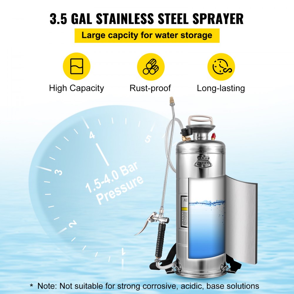 Stainless Steel Sprayer 3.5 Gallon Steel Hand-pump With 3.3-inch Reinforced Hose 