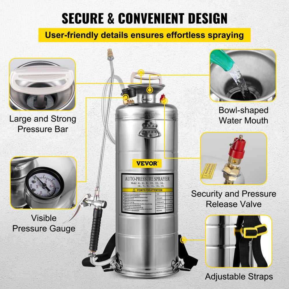 Stainless Steel Sprayer 3.5 Gallon Steel Hand-pump With 3.3-inch Reinforced Hose 