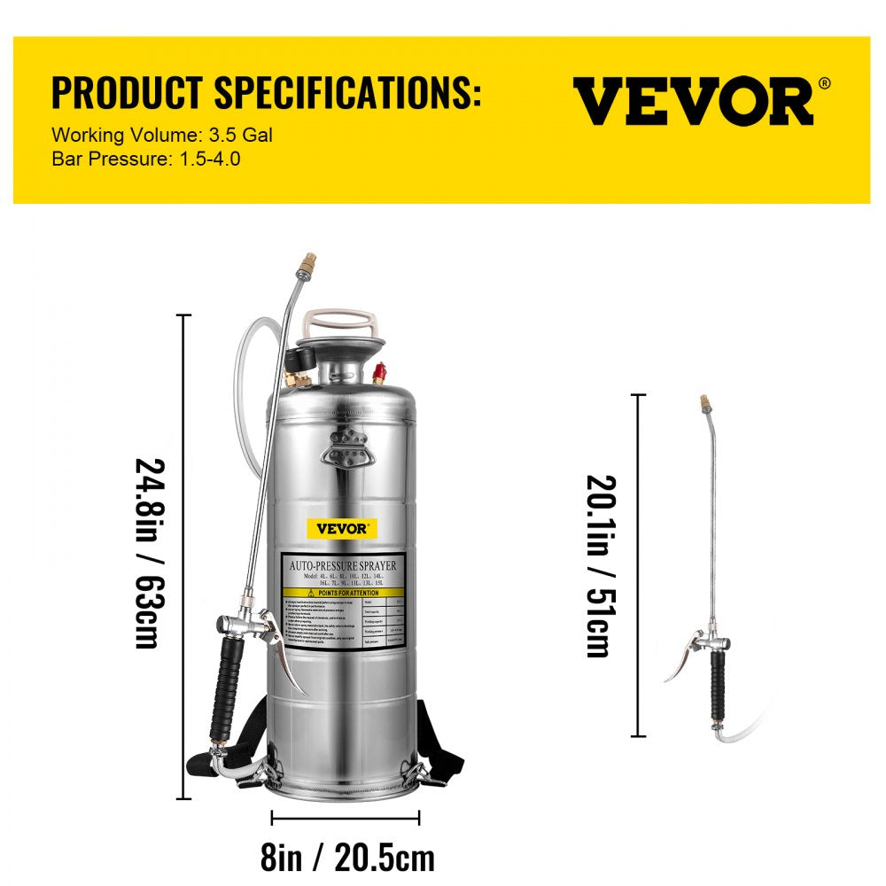 Stainless Steel Sprayer 3.5 Gallon Steel Hand-pump With 3.3-inch Reinforced Hose 