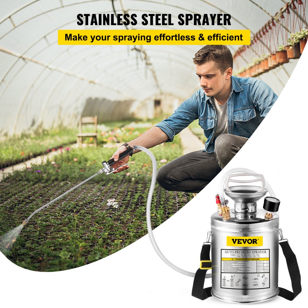 VEVOR Stainless Steel Sprayer 1GL , Set with 12” Wand& Handle& 3FT Reinforced Hose, Hand Pump Sprayer with Pressure Gauge&Safety Valve, Adjustable Nozzle Suitable for Gardening and Sanitizing, Silver 
