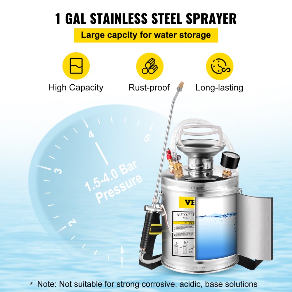VEVOR Stainless Steel Sprayer 1GL , Set with 12” Wand& Handle& 3FT Reinforced Hose, Hand Pump Sprayer with Pressure Gauge&Safety Valve, Adjustable Nozzle Suitable for Gardening and Sanitizing, Silver 