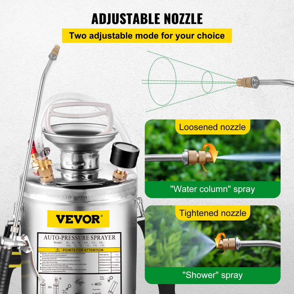 VEVOR Stainless Steel Sprayer 1GL , Set with 12” Wand& Handle& 3FT Reinforced Hose, Hand Pump Sprayer with Pressure Gauge&Safety Valve, Adjustable Nozzle Suitable for Gardening and Sanitizing, Silver 