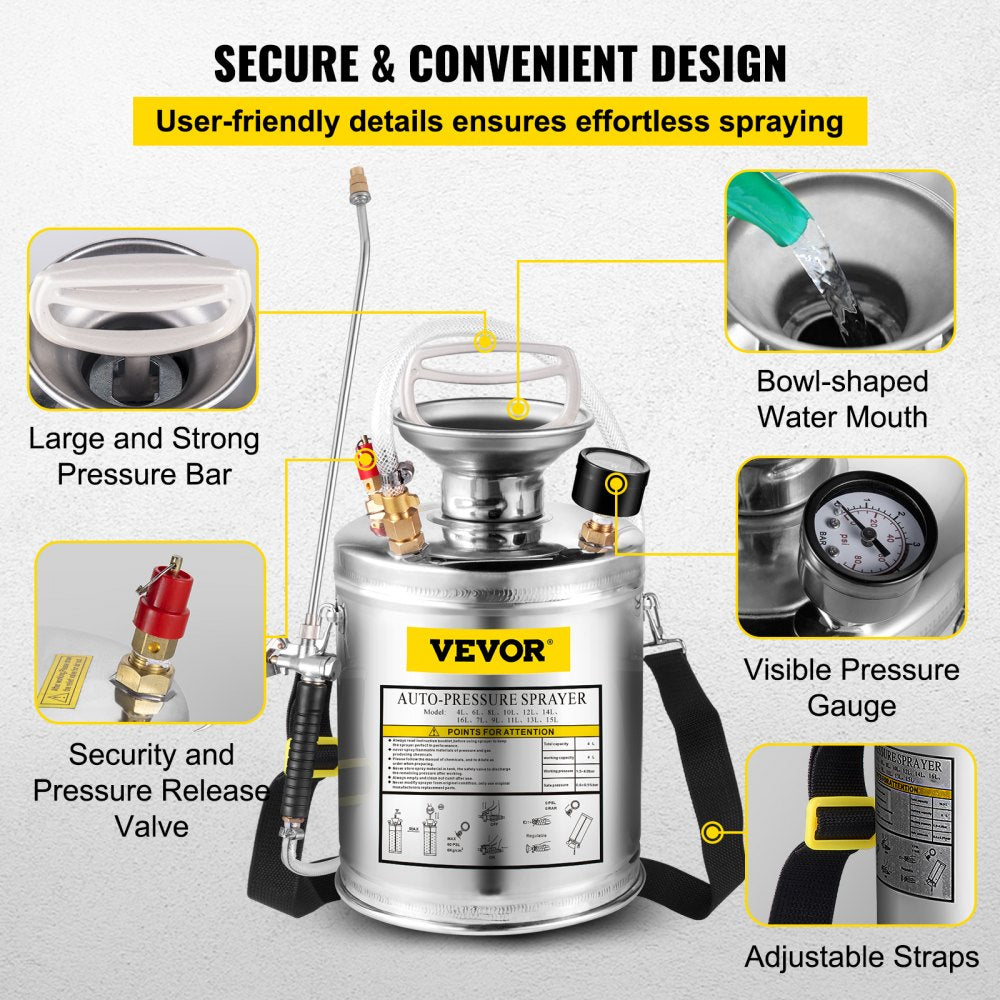 VEVOR Stainless Steel Sprayer 1GL , Set with 12” Wand& Handle& 3FT Reinforced Hose, Hand Pump Sprayer with Pressure Gauge&Safety Valve, Adjustable Nozzle Suitable for Gardening and Sanitizing, Silver 