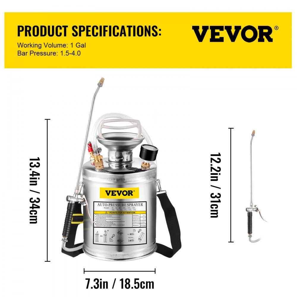 VEVOR Stainless Steel Sprayer 1GL , Set with 12” Wand& Handle& 3FT Reinforced Hose, Hand Pump Sprayer with Pressure Gauge&Safety Valve, Adjustable Nozzle Suitable for Gardening and Sanitizing, Silver 