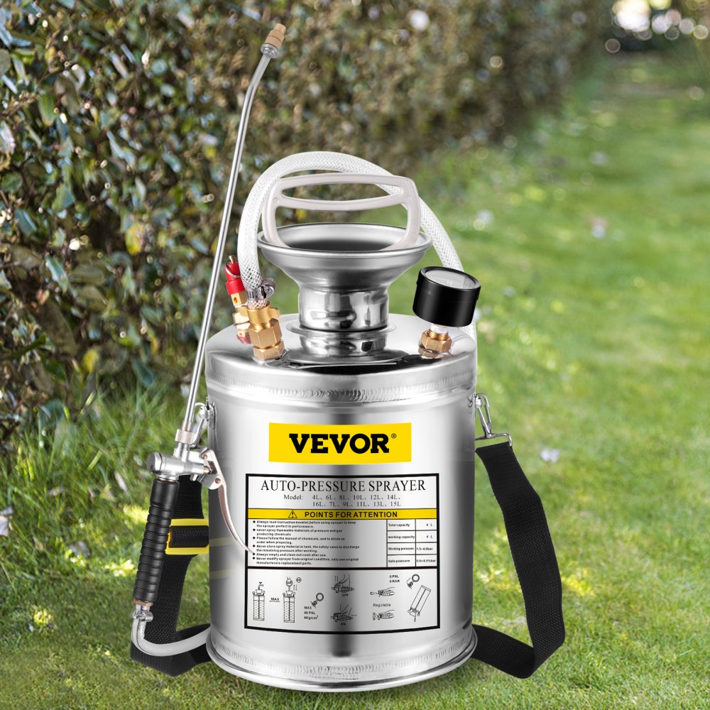 VEVOR Stainless Steel Sprayer 1GL , Set with 12” Wand& Handle& 3FT Reinforced Hose, Hand Pump Sprayer with Pressure Gauge&Safety Valve, Adjustable Nozzle Suitable for Gardening and Sanitizing, Silver 