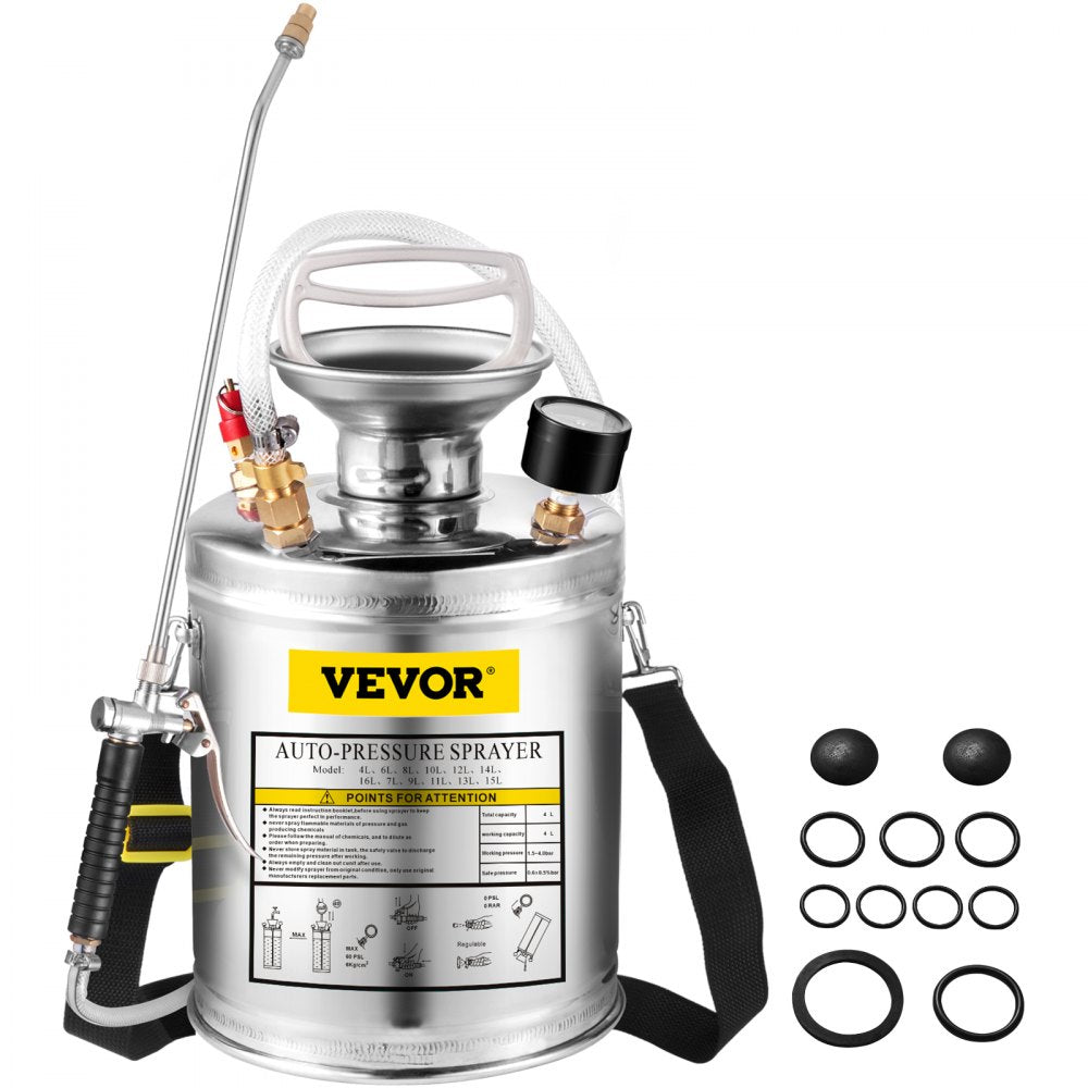 VEVOR Stainless Steel Sprayer 1GL , Set with 12” Wand& Handle& 3FT Reinforced Hose, Hand Pump Sprayer with Pressure Gauge&Safety Valve, Adjustable Nozzle Suitable for Gardening and Sanitizing, Silver 