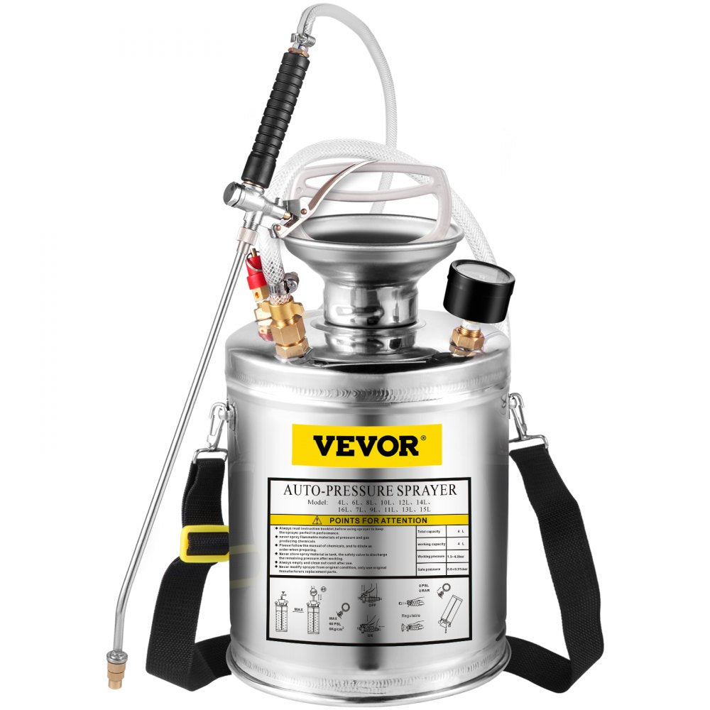 VEVOR Stainless Steel Sprayer 1GL , Set with 12” Wand& Handle& 3FT Reinforced Hose, Hand Pump Sprayer with Pressure Gauge&Safety Valve, Adjustable Nozzle Suitable for Gardening and Sanitizing, Silver 