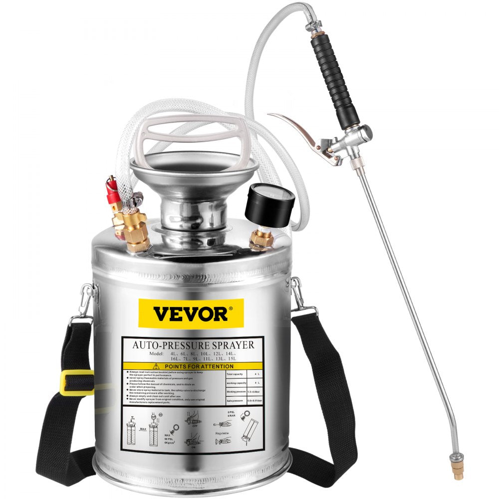 VEVOR Stainless Steel Sprayer 1GL , Set with 12” Wand& Handle& 3FT Reinforced Hose, Hand Pump Sprayer with Pressure Gauge&Safety Valve, Adjustable Nozzle Suitable for Gardening and Sanitizing, Silver 