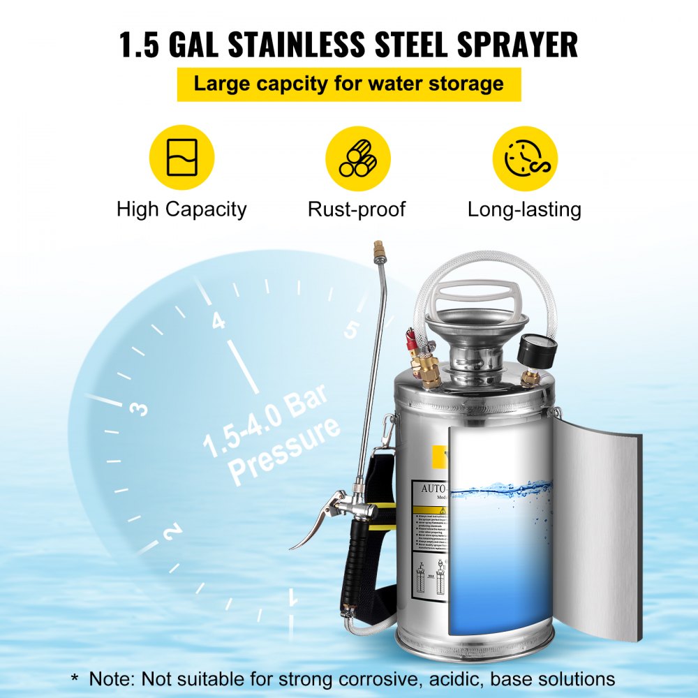 1.5gal/6l Stainless Steel Sprayer Curved Lance 3.3-inch Reinforced Hose Fan Tip 