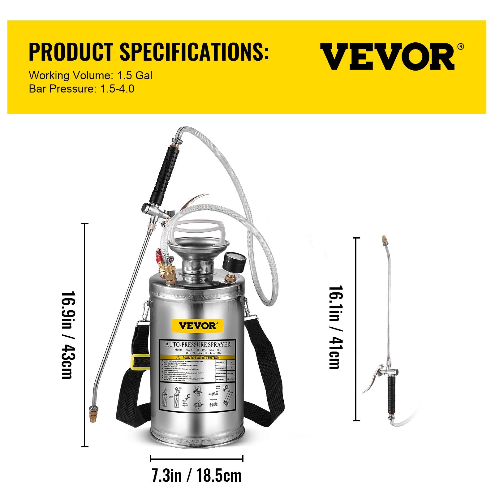 1.5gal/6l Stainless Steel Sprayer Curved Lance 3.3-inch Reinforced Hose Fan Tip 