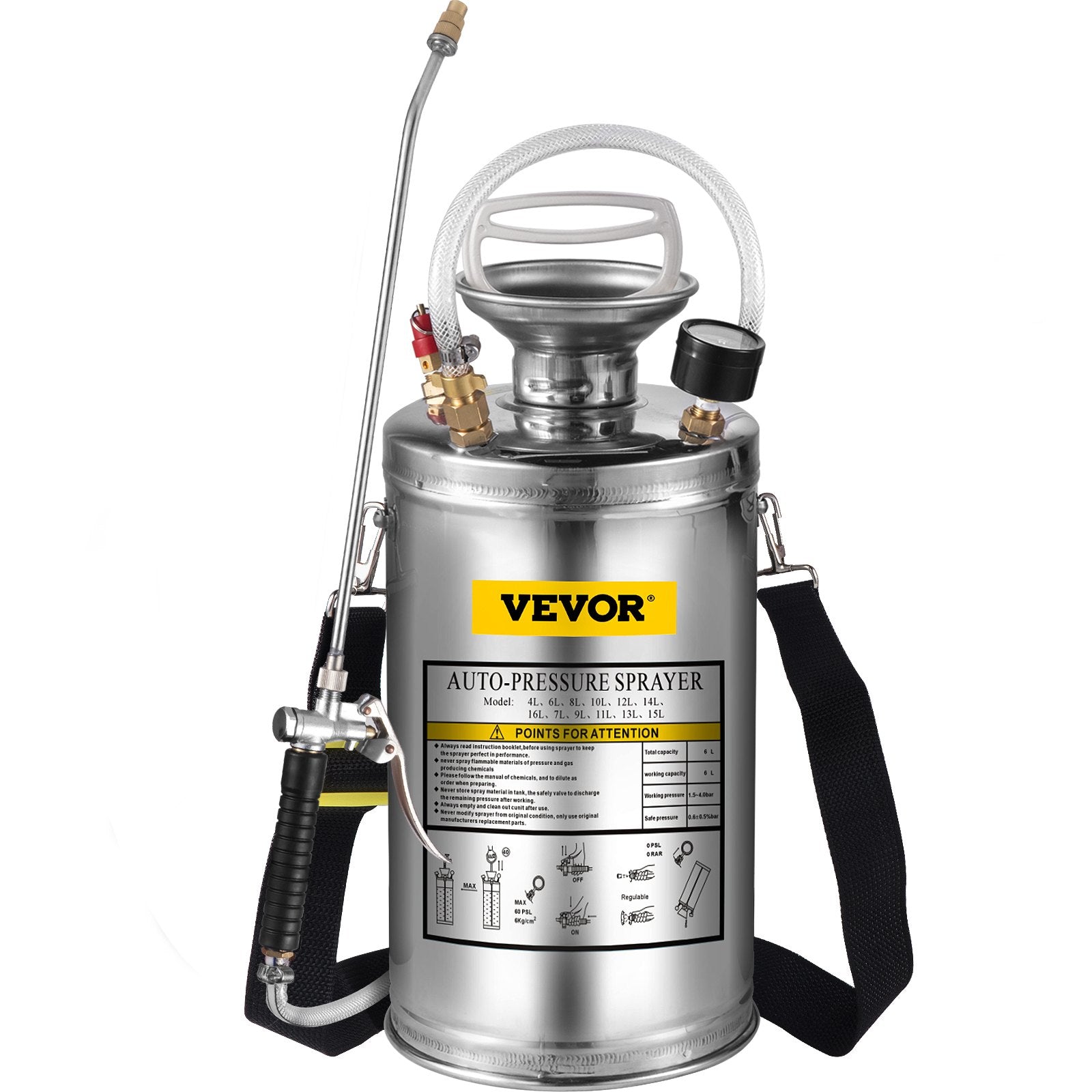 1.5gal/6l Stainless Steel Sprayer Curved Lance 3.3-inch Reinforced Hose Fan Tip 